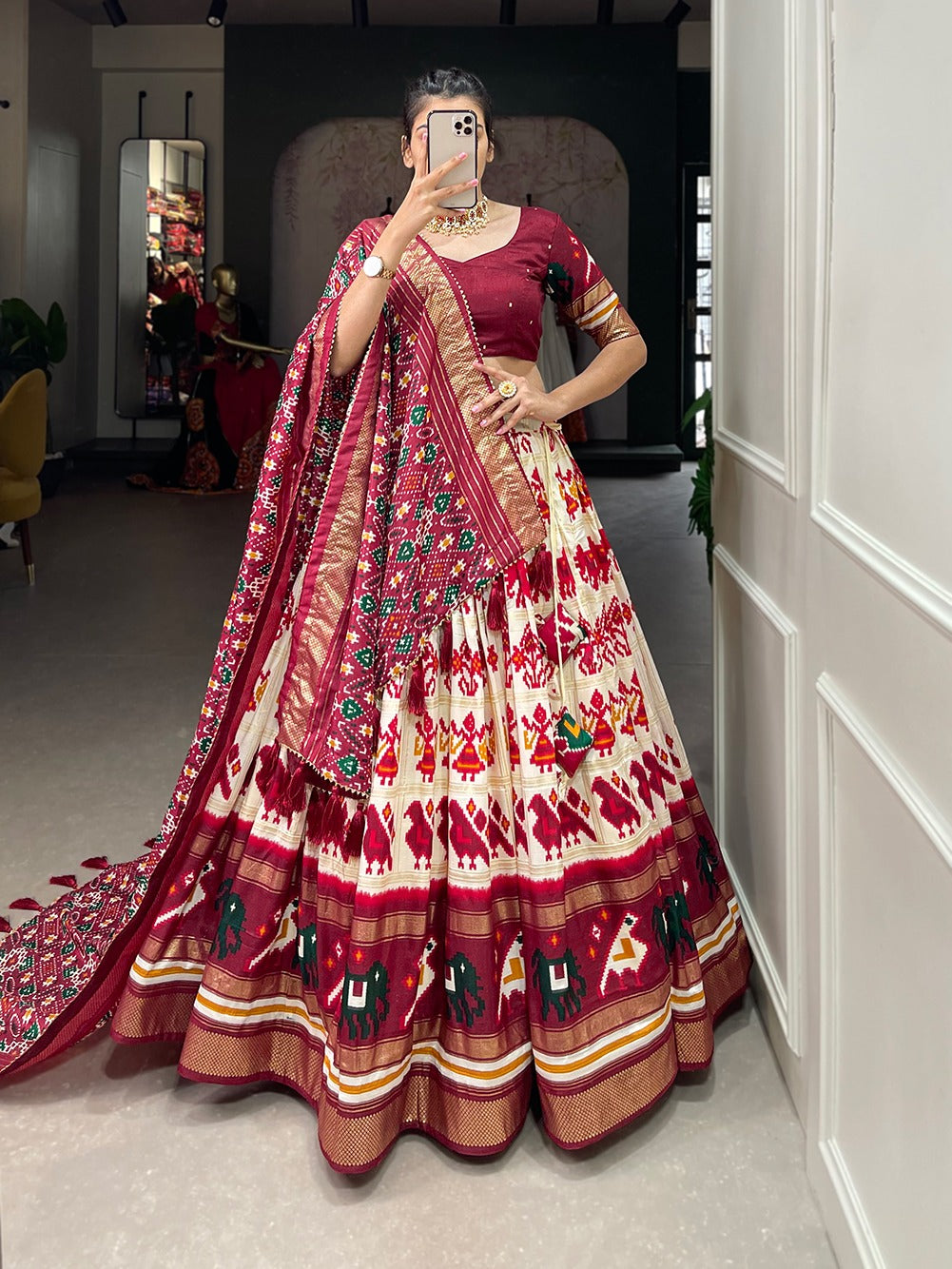 Lorenvalley White Tussar Silk Patola Print With Foil Work Lehenga Choli | Swadesiicart