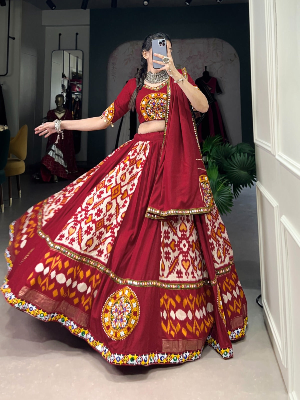Lorenvalley White Rayon and Printed Silk with Plain And Printed With Original Mirror Gamthi Work And Gamthi Patch Work Lehenga Choli | Swadesiicart