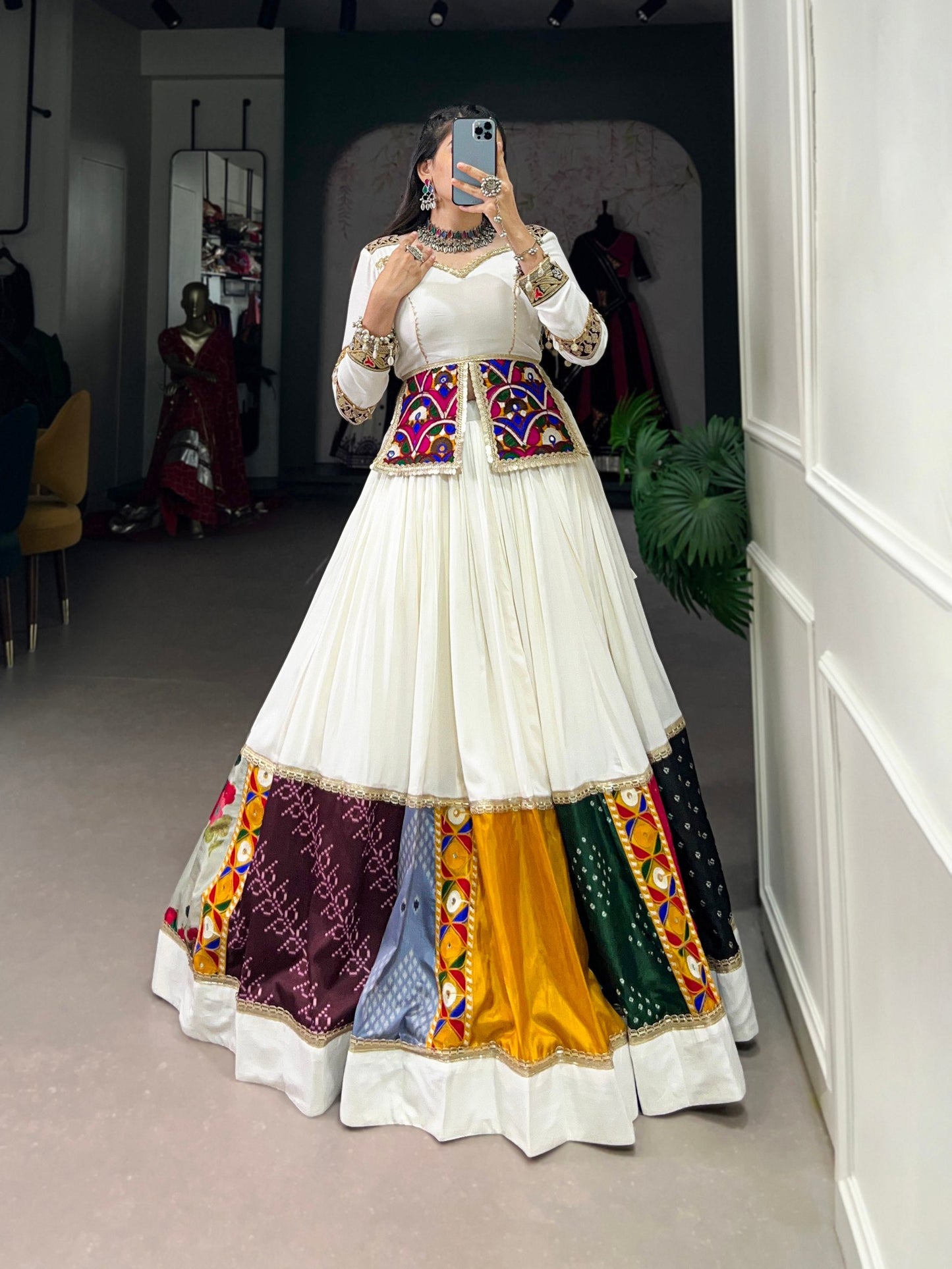 Lorenvalley White Rayon Plain With Embroidery And Gamthi Patch Work Lehenga Choli | Swadesiicart