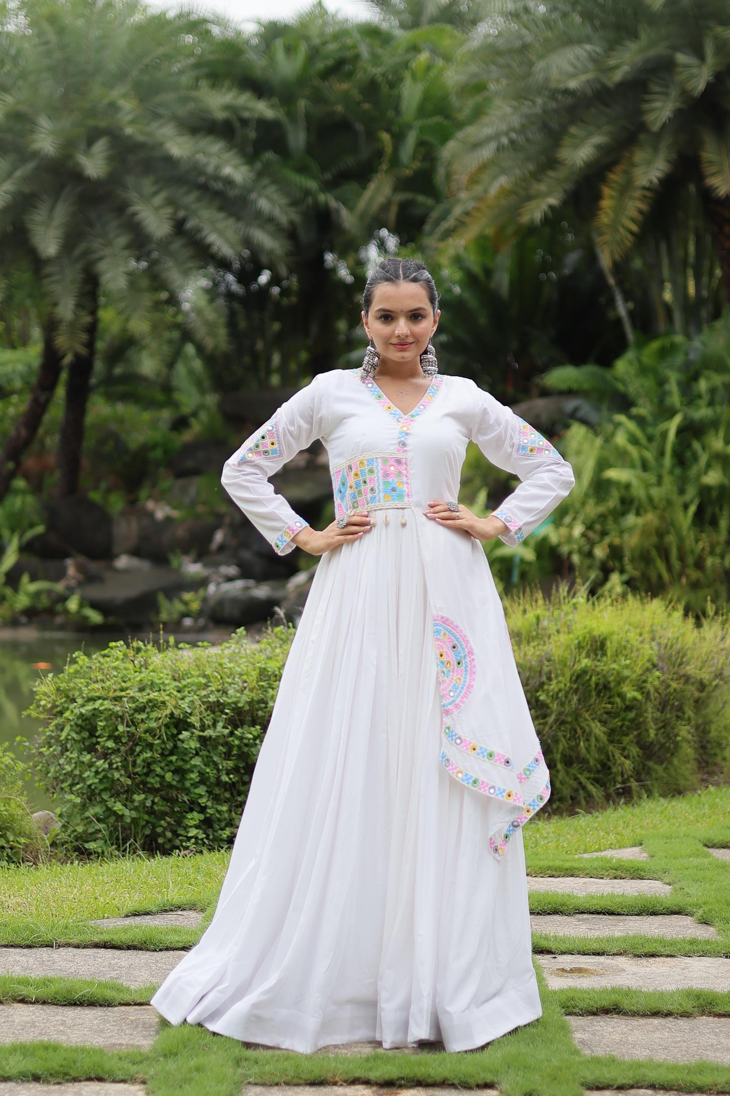 Lorenvalley White Rayon Fabric With Kutchi Gamthi Lace Gown | Swadesiicart
