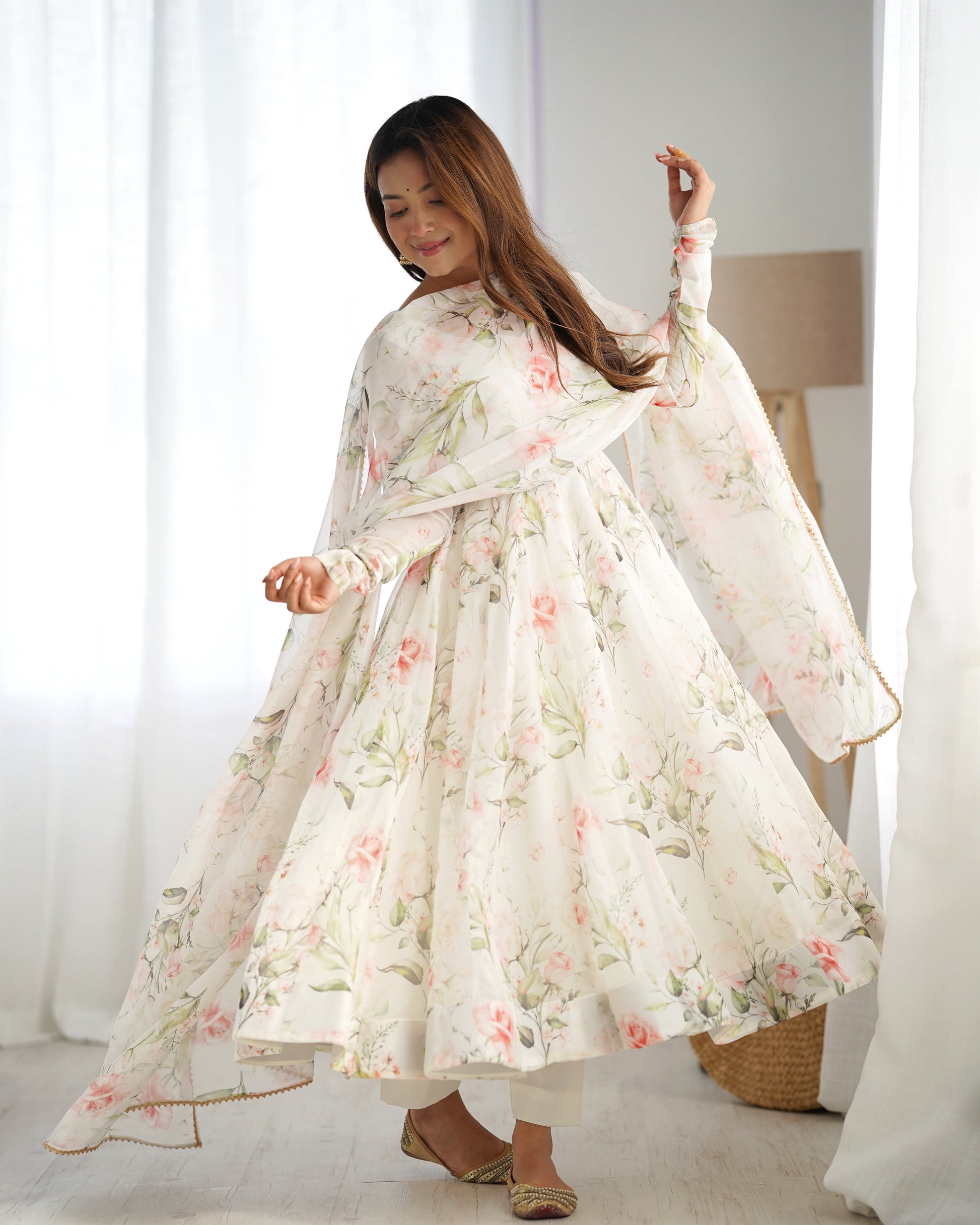 Lorenvalley White Soft Organza Silk With Floral Print Fully Flared Anarkali Pant With Dupatta Set - Swadesiicart
