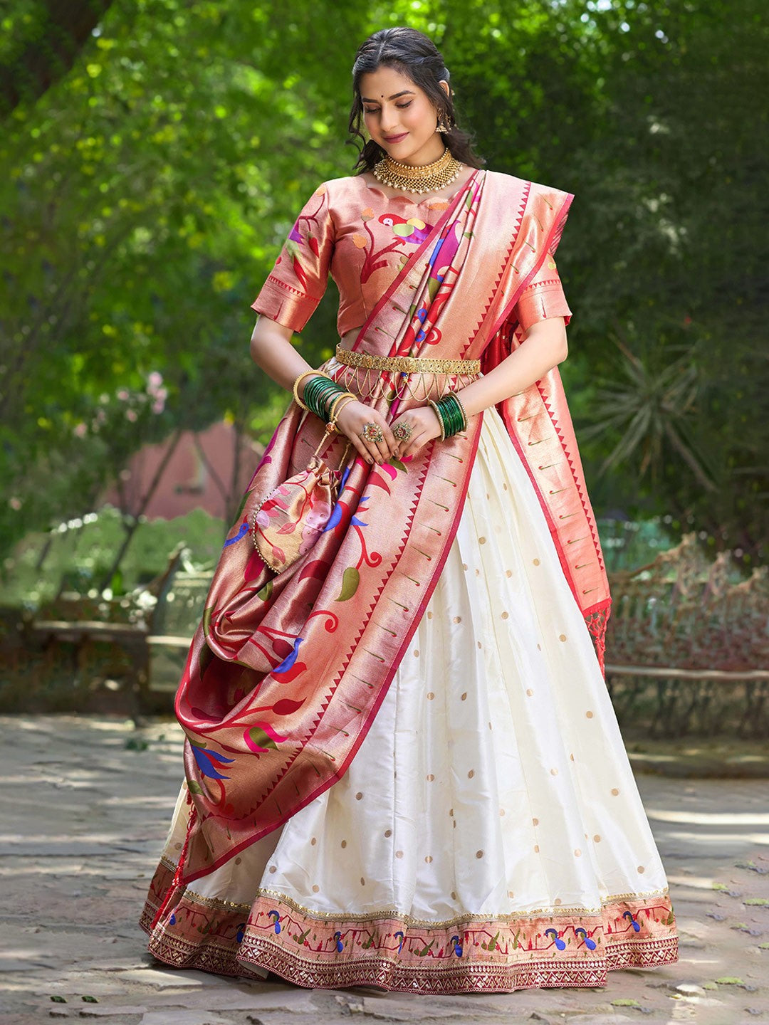 Lorenvalley White Jacquard Silk Paithani Weaving Zari Lehenga Choli with Dupatta | Swadesiicart