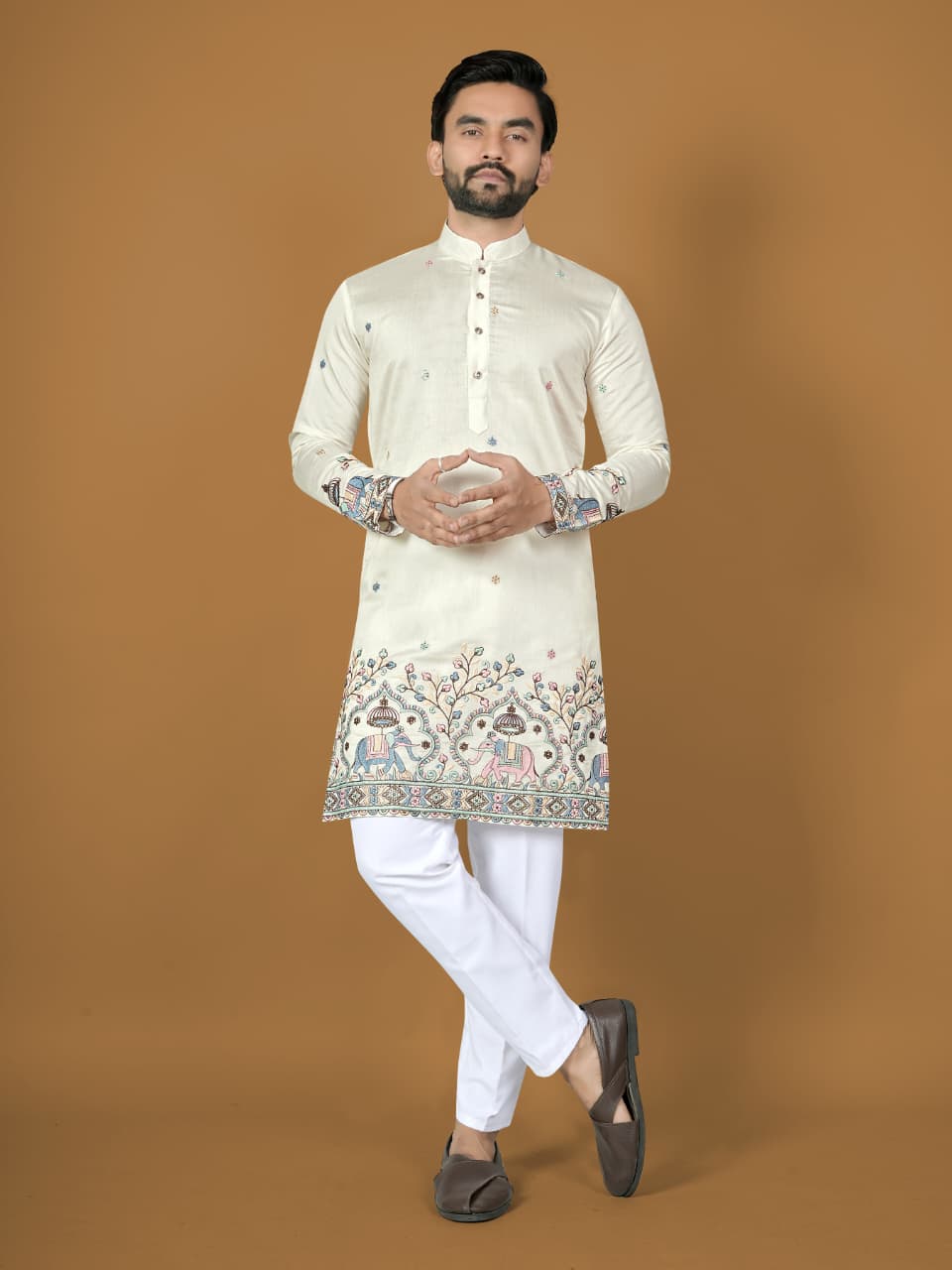 Anaita White Embroidery Silk Straight Kurta
