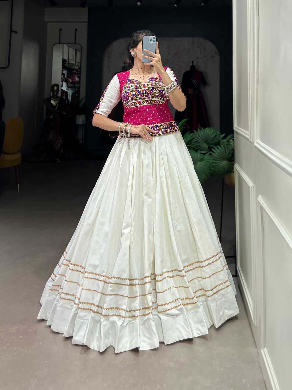 Lorenvalley Pure Cotton White Plain With Gota Patti Touch Up Lehenga Choli | Swadesiicart