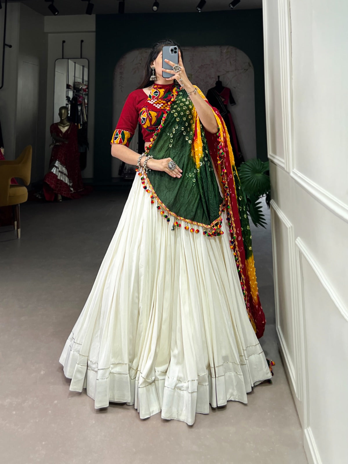 Lorenvalley White Pure Rayon with Plain With Gota Patti Touch Up Lehenga Choli | Swadesiicart