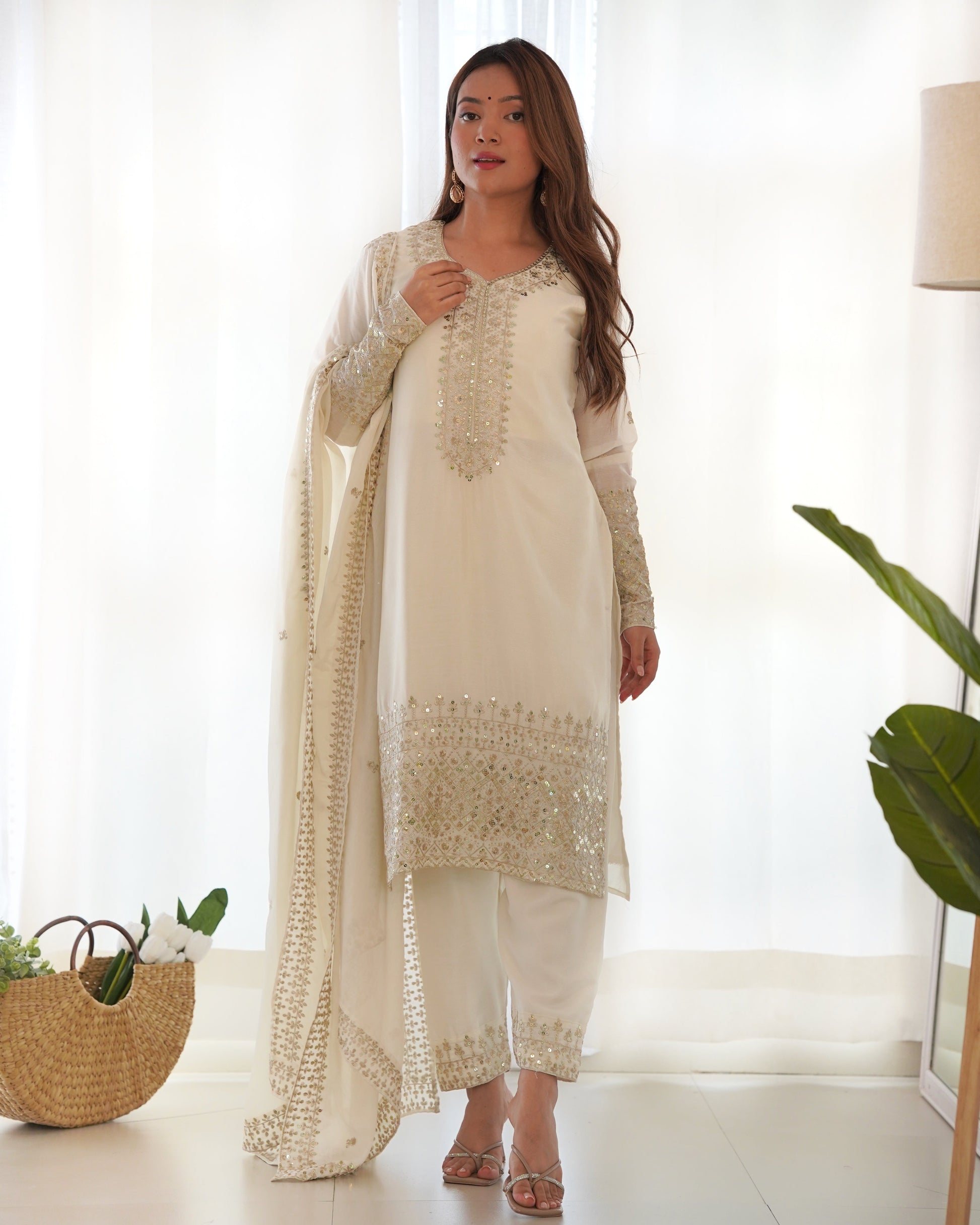 Lorenvalley Chinon Silk Embroidery Sequence zari work Kurta Pant with Dupatta Set - White - Swadesiicart
