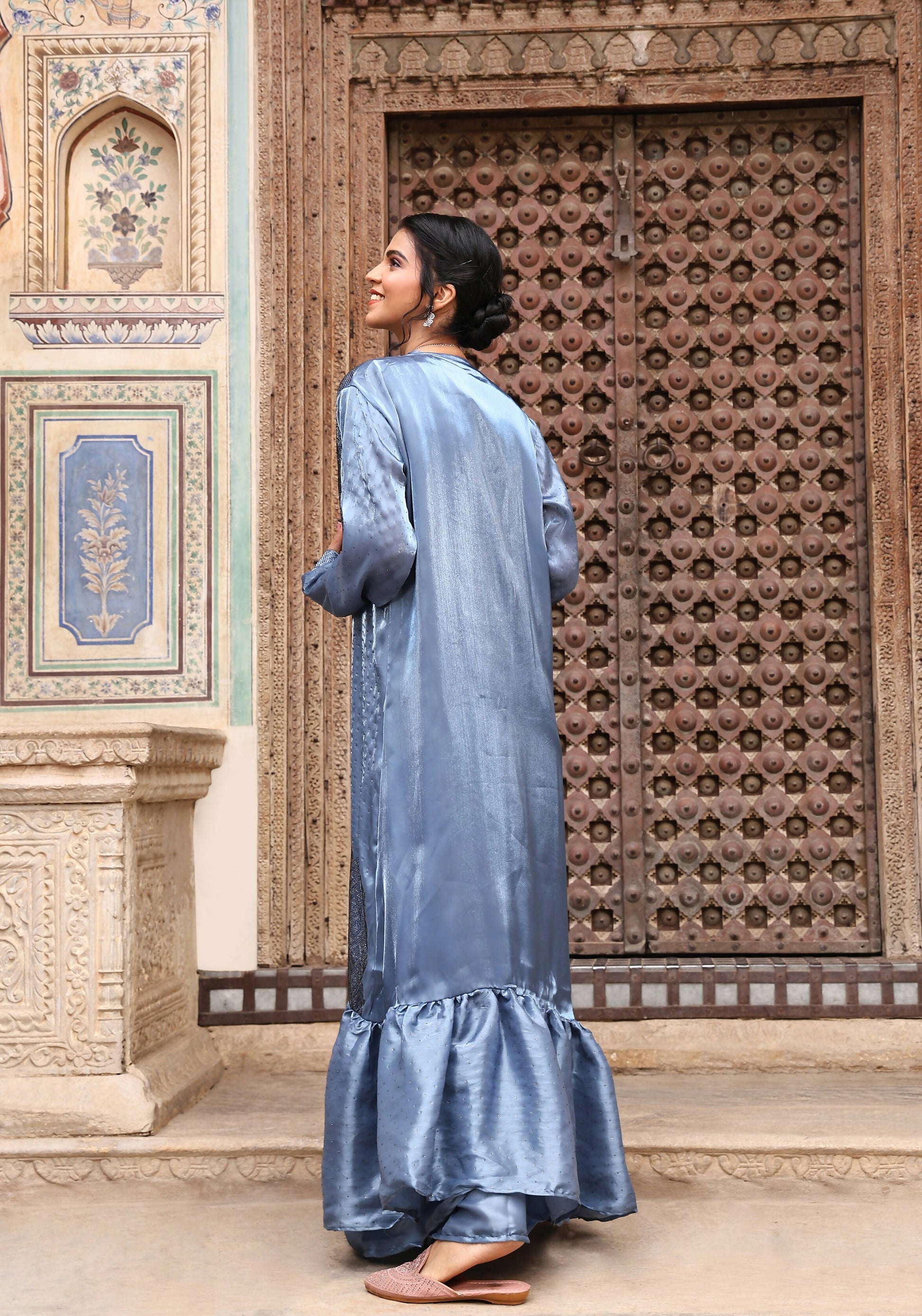 Sky Blue Tom Silk Plain Ready To Wear Saree With Stitched Blouse - Satiksha | Swadesiicart