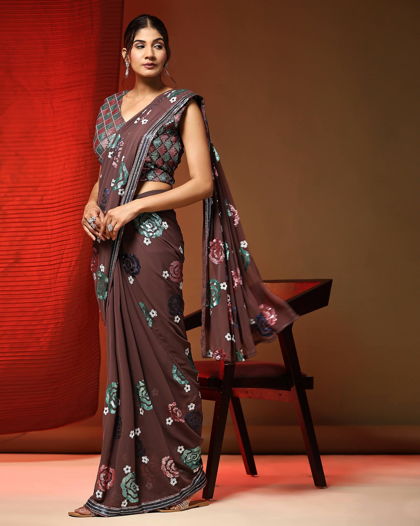 Brown Pure Georgette Sequence work Ready to wear Saree with stitched Blouse - Nirvana | Swadesiicart