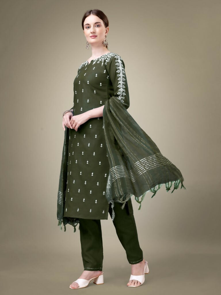 Jyoti Fashion Women's Dark Green Cotton Blend Embroidery & Sequence work Kurta with Trouser & Dupatta | Swadesiicart