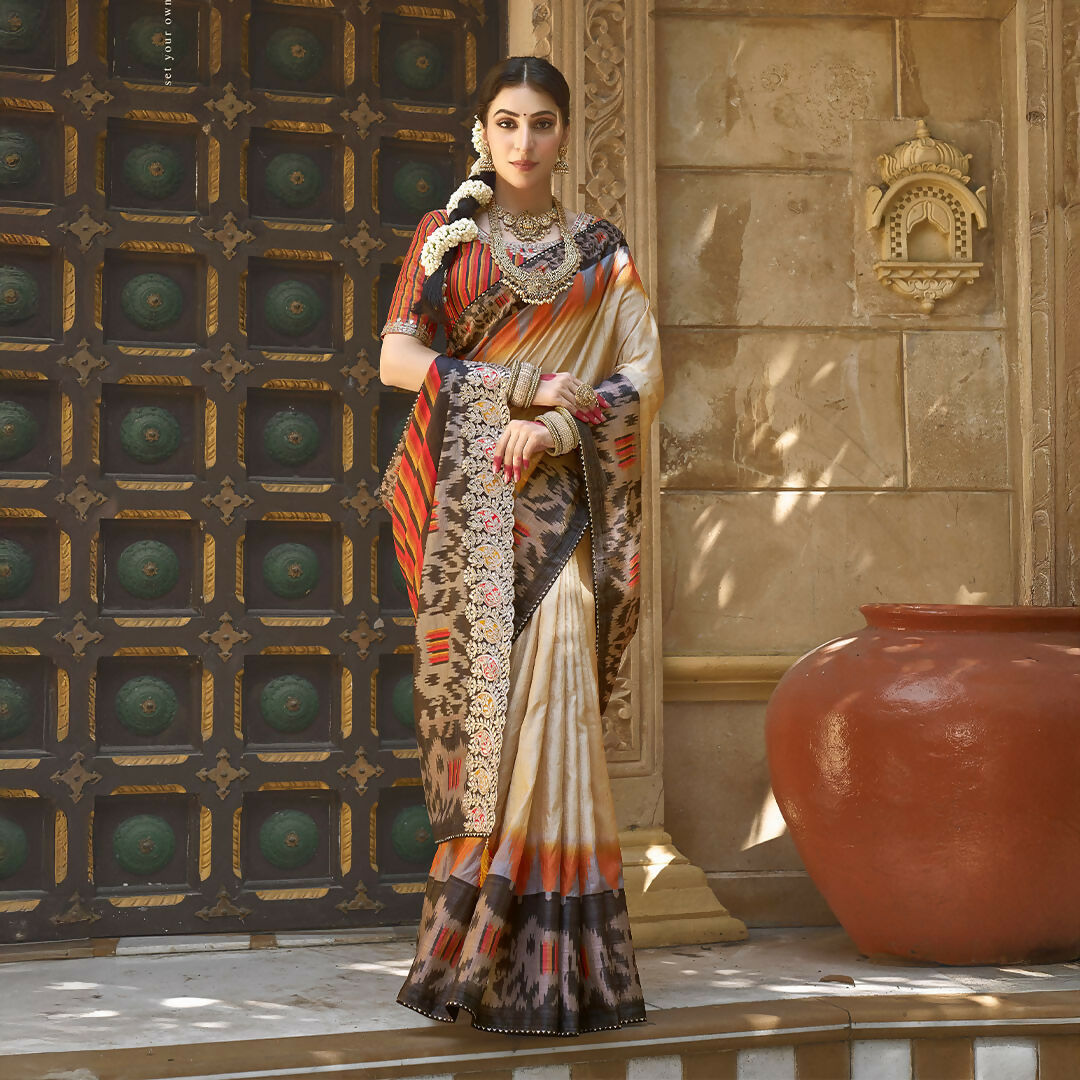 Beige Bhagalpuri Silk Pure Gota Work Saree With Unstitched Blouse - Norita Gajri