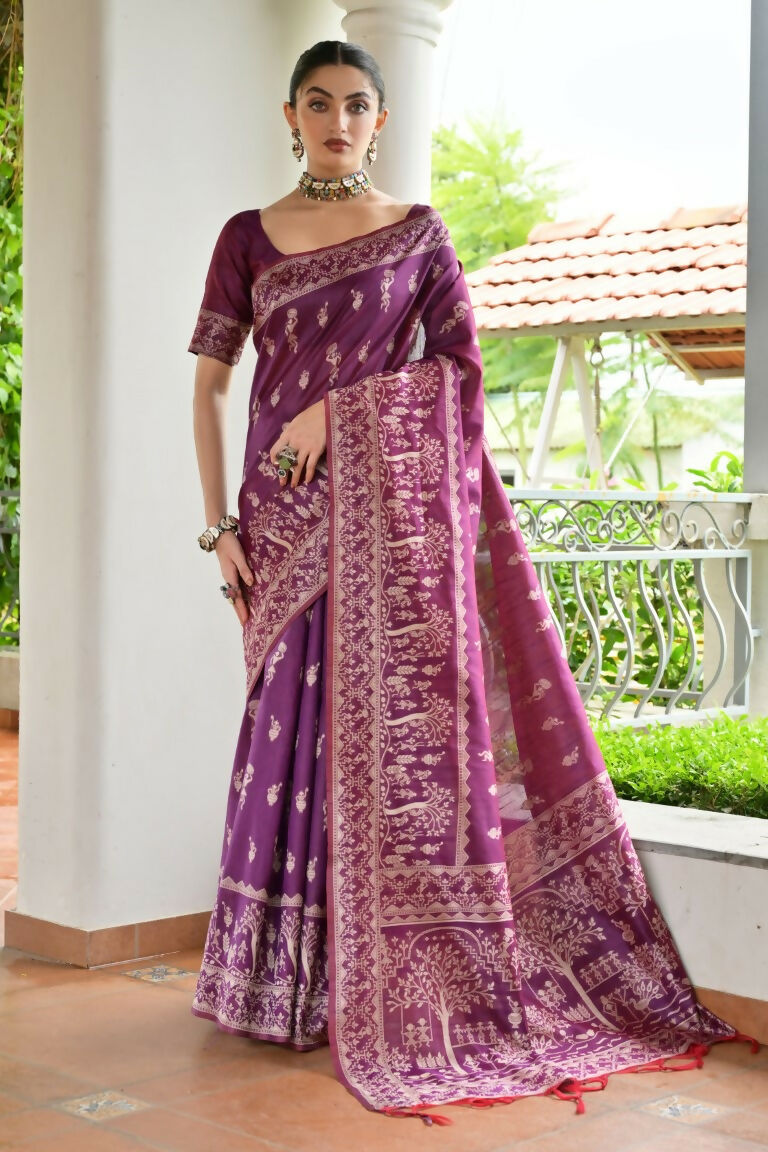 Vishnu Weaves Women's Wine Handloom Raw Silk Thread Weaving Saree with Blouse - Swadesiicart