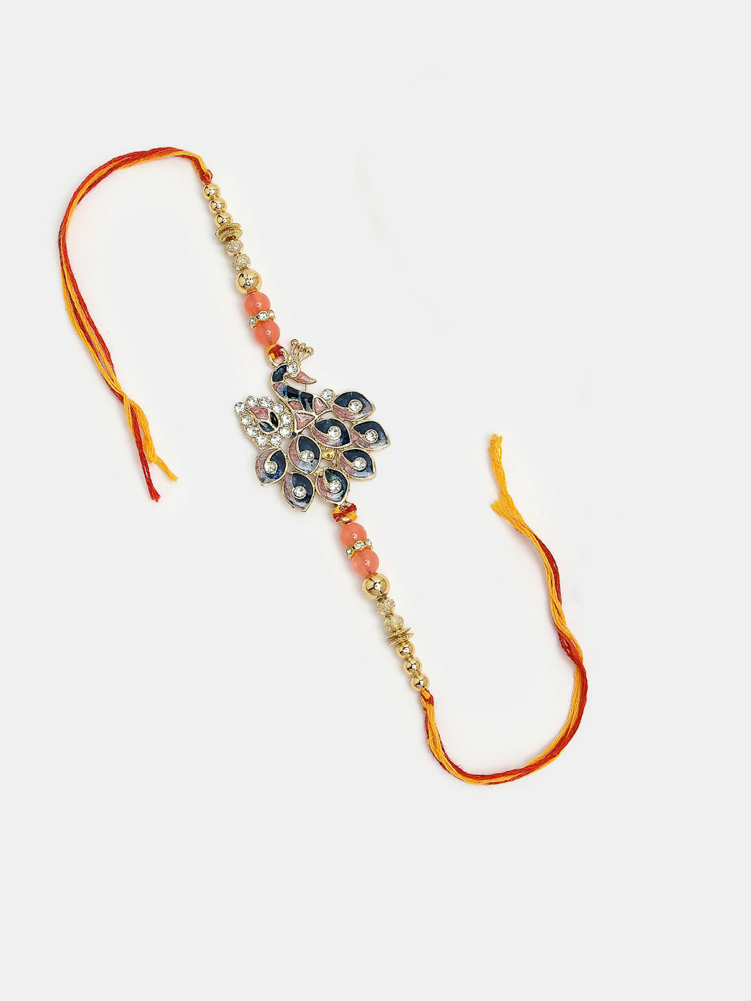 NVR Women & Men Set of 2 Multicolor Peacock Design Stone-Studded & Beaded Bhaiya Bhabhi Rakhi With Roli Chawal & Chocolate | Swadesiicart