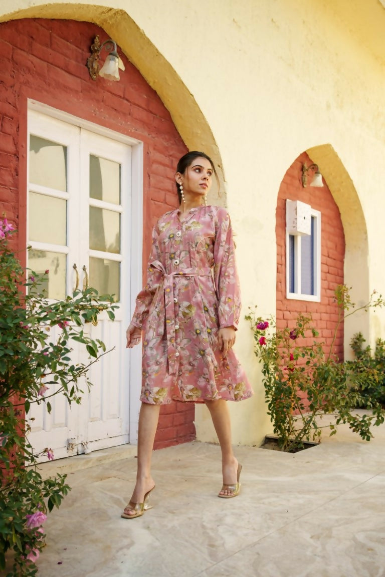 Vaasva Women Pink Muslin Floral Printed Knee Length Dress | Swadesiicart