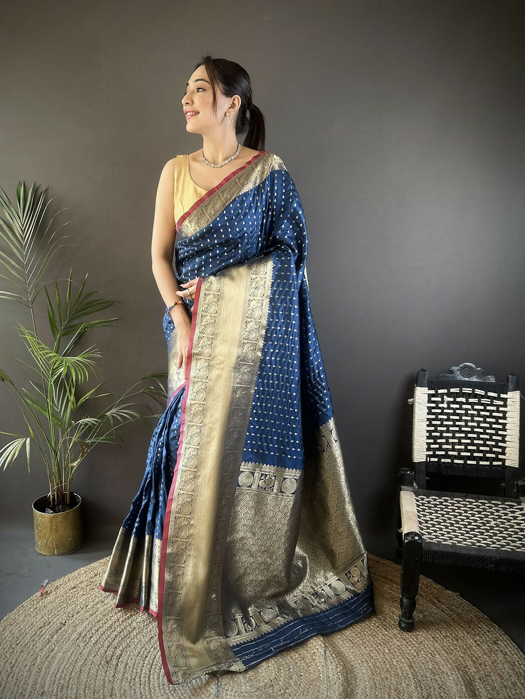 Joban Fashion Navy Blue Small Butti Banarasi Silk Sarees | Swadesiicart