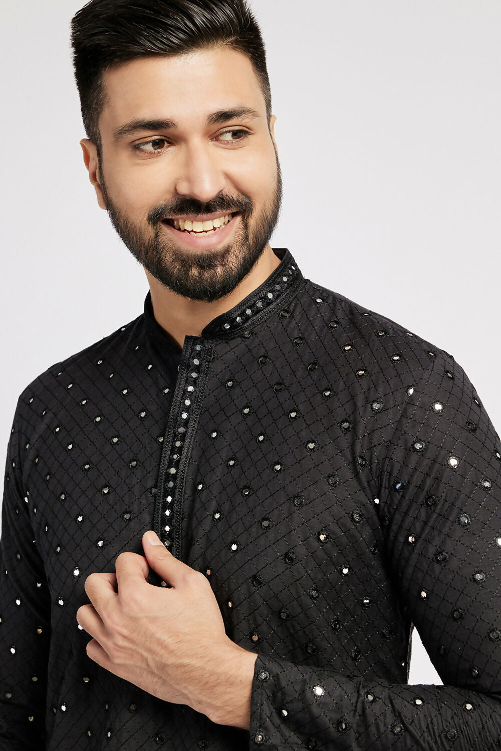 Ethnic India Black Men's Kurta Embellished Cotton | Swadesiicart