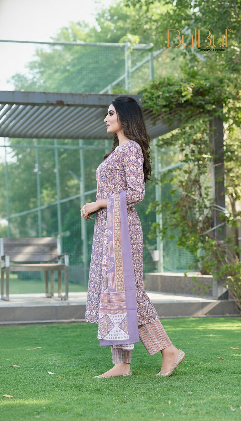 BulBul Fashionista Cotton Purple Kurta Set with Dupatta - Swadesiicart