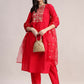 Aavyora Women's Red Embroidered Roman Silk Kurta, Palazzo & Organza Dupatta Set