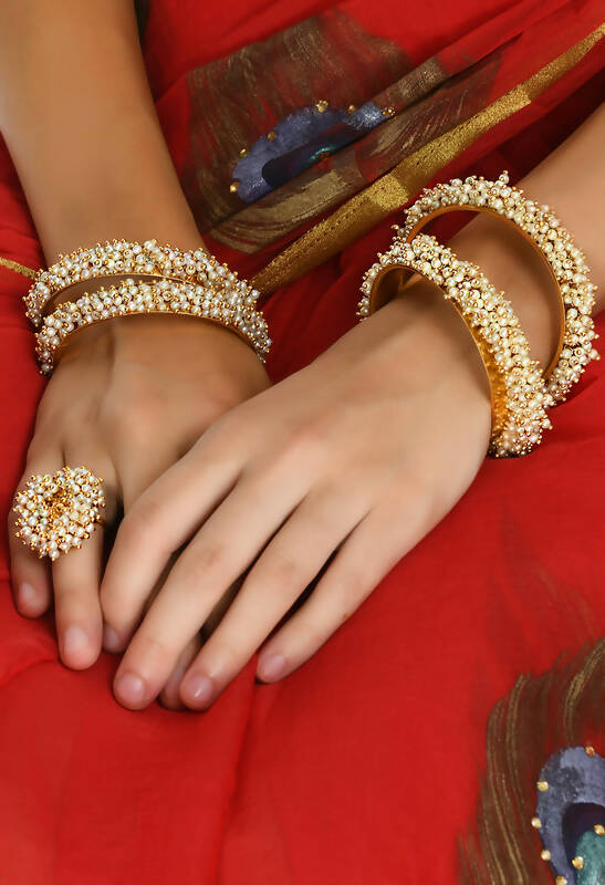 Mominos Fashion Joharkamal Gold-Polished Beads Work Bangles with Rings - Mominos Fashion