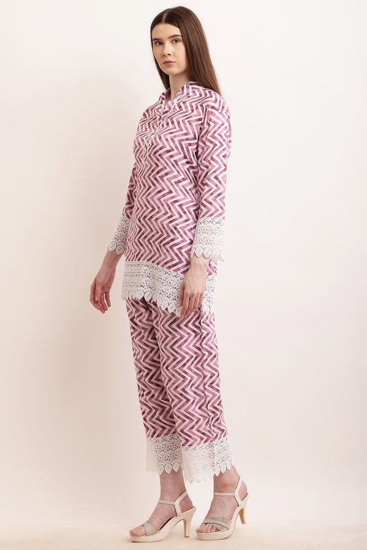 PAVONINE Wine Color Zig-Zag Printed with Lace Inserted Cord Set For Women - Swadesiicart