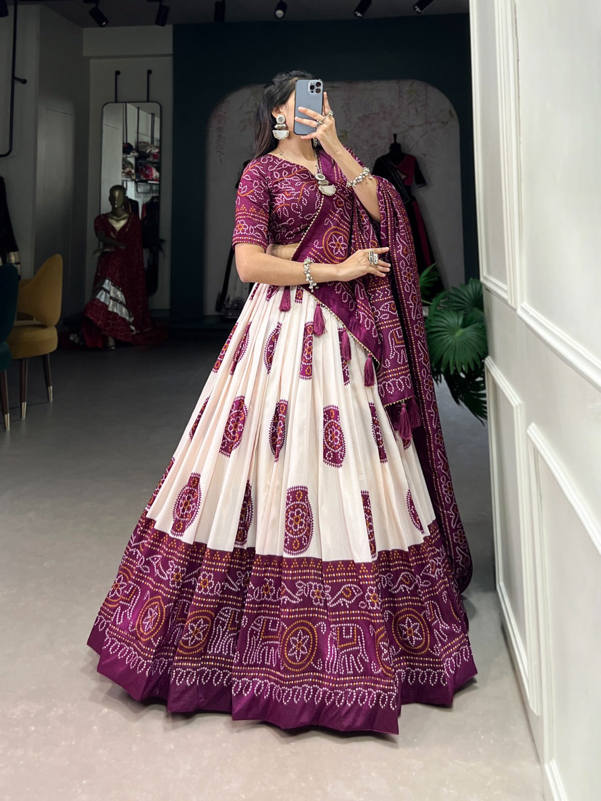 Lorenvalley Wine Tussar Silk with Bandhej Print Lehenga Choli | Swadesiicart