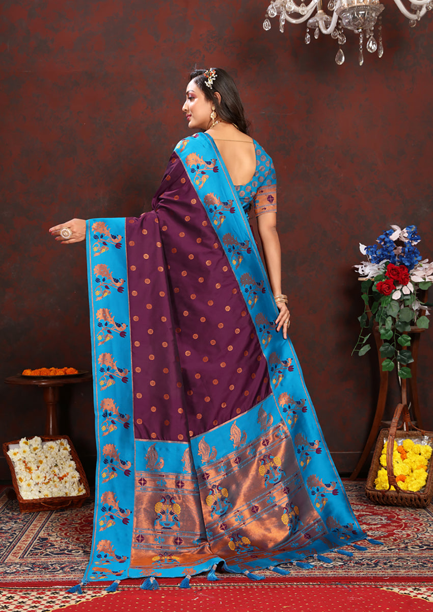 Lorenvalley Fashion Wine Soft Paithani Silk Woven Design Rich Zari Meenakari Weaving Saree - Swadesiicart