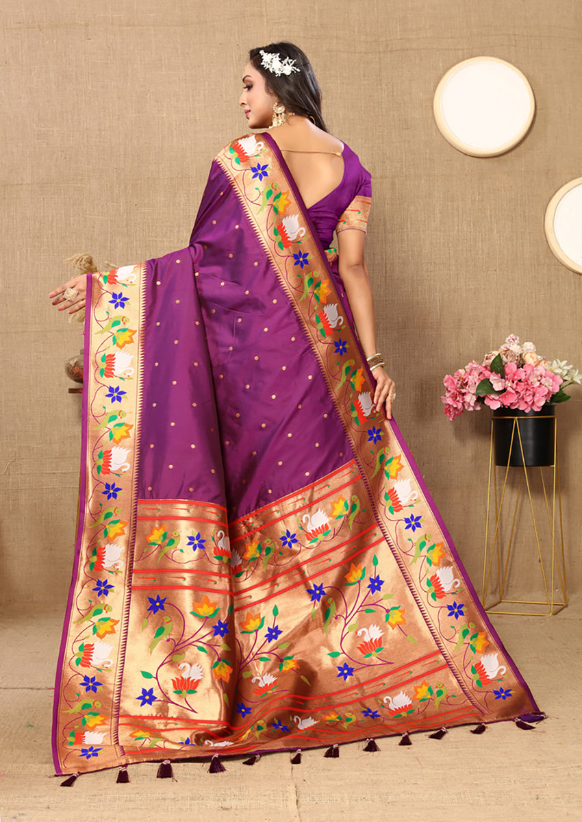 Lorenvalley Fashion Wine Soft Paithani Silk Woven Design Rich Zari Meenakari Weaving Saree - Swadesiicart