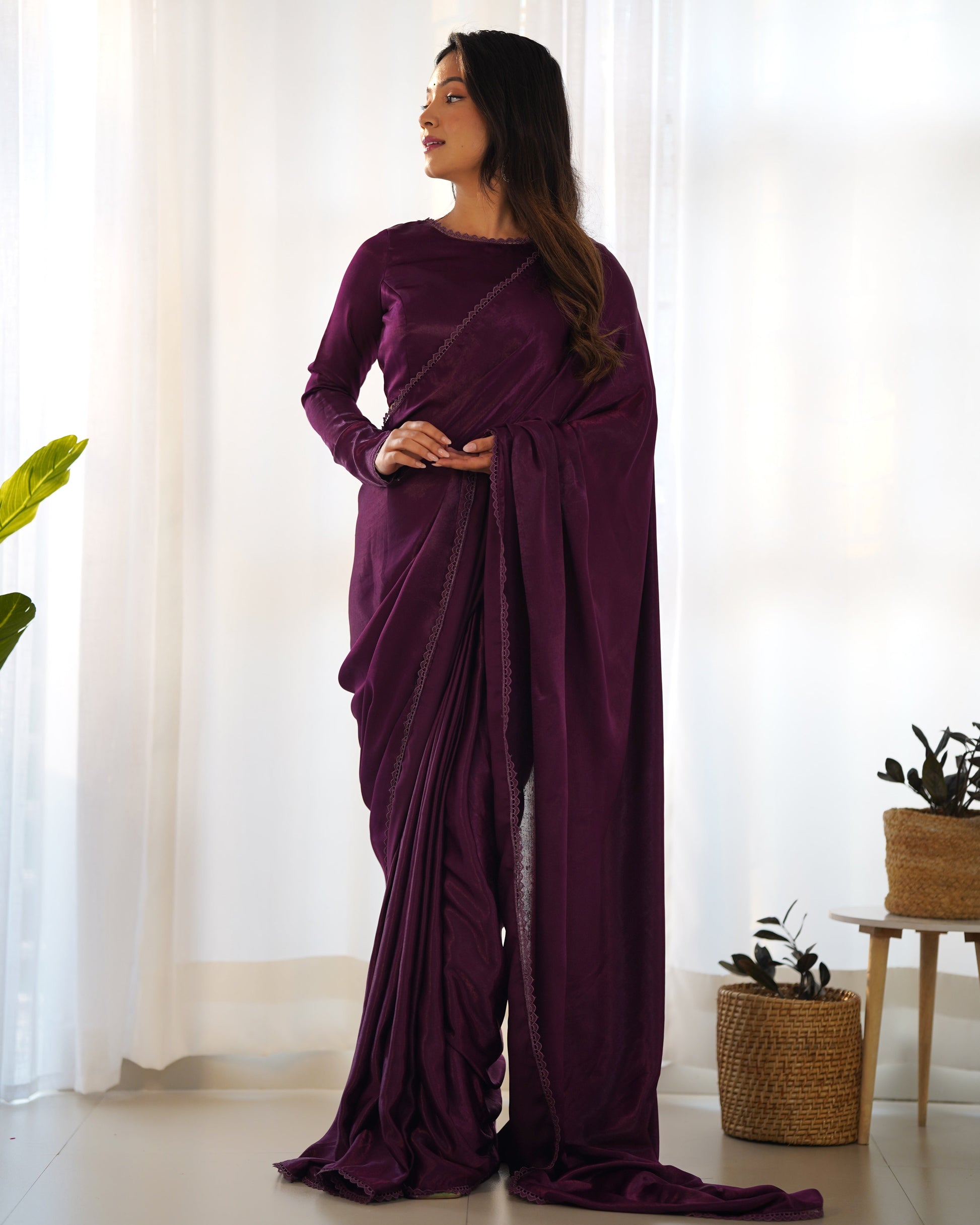 Lorenvalley Ready to wear Premium Quality Marble Velvet Fabric Fancy Boarder Lace Work Predrapped Saree - Purple | Swadesiicart