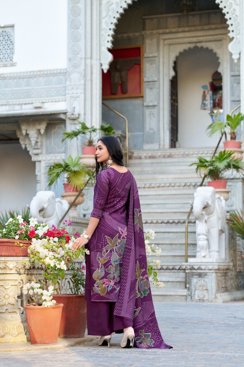 Lorenvalley Wine Roman Silk Floral Print With Beets Handwork Kurta Set | Swadesiicart