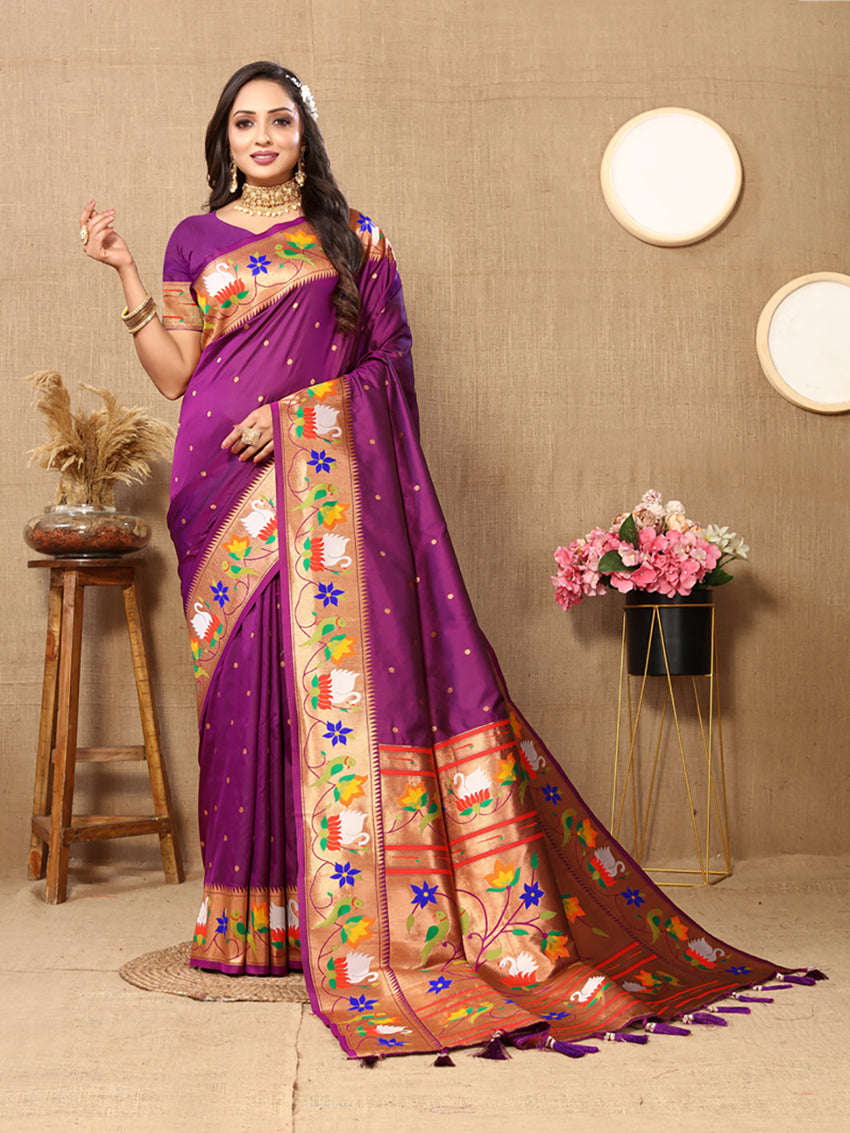 Lorenvalley Fashion Wine Soft Paithani Silk Woven Design Rich Zari Meenakari Weaving Saree - Swadesiicart