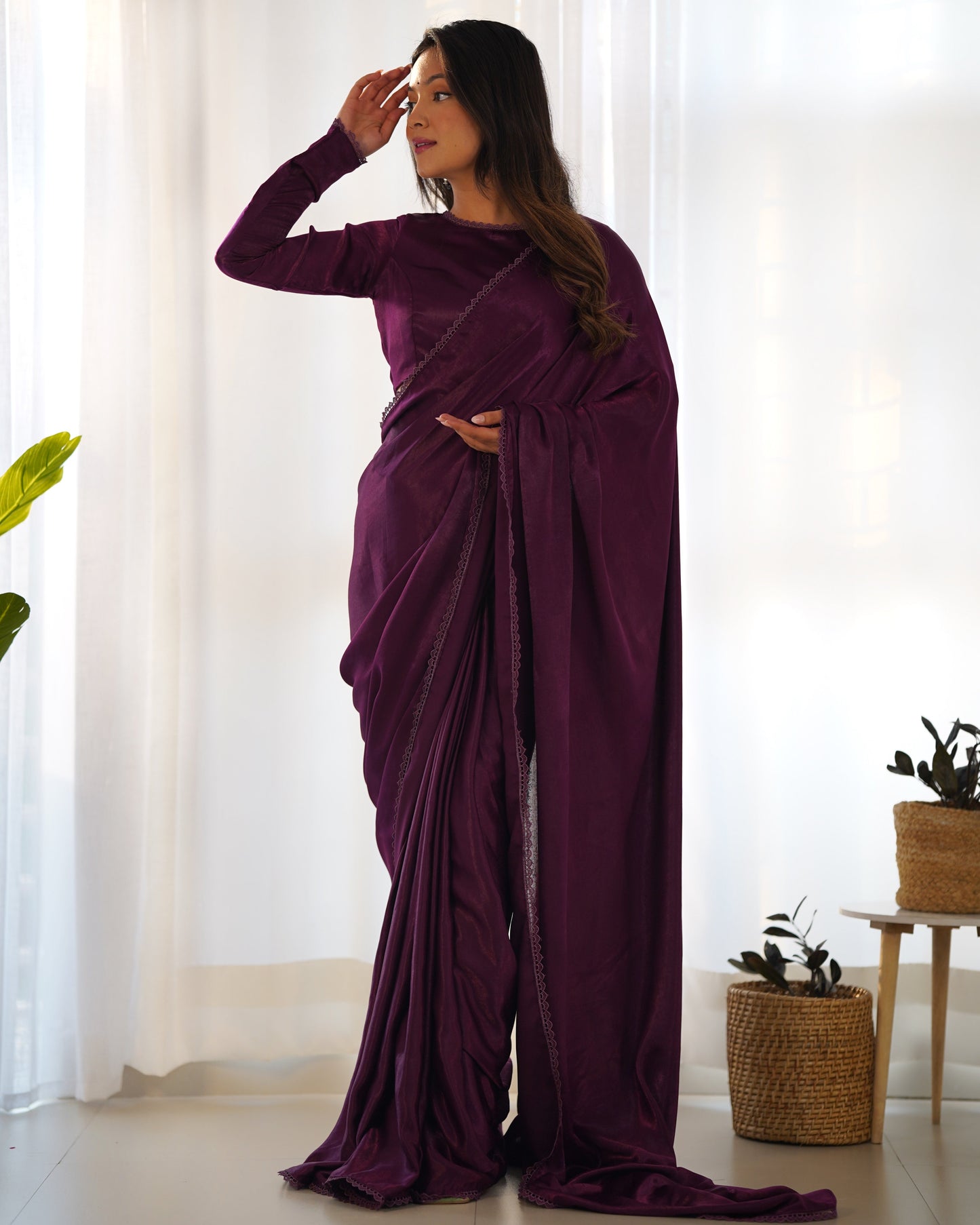 Lorenvalley Ready to wear Premium Quality Marble Velvet Fabric Fancy Boarder Lace Work Predrapped Saree - Purple | Swadesiicart