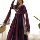 Lorenvalley Mauve Pure Roman Silk Chanderi Fabric Fully Flared Anarkali Pant With Dupatta Set - Wine | Swadesiicart