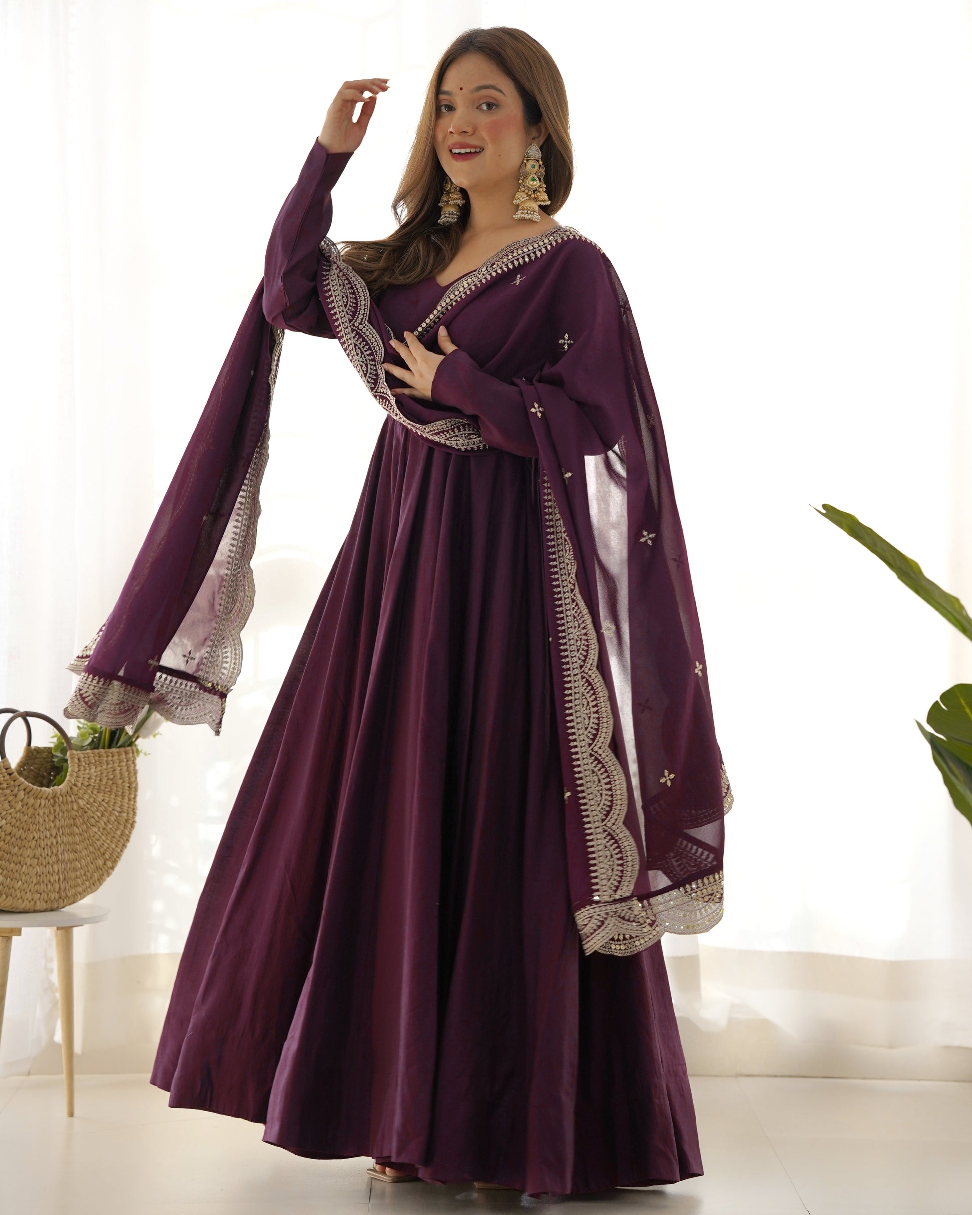 Lorenvalley Mauve Pure Roman Silk Chanderi Fabric Fully Flared Anarkali Pant With Dupatta Set - Wine | Swadesiicart
