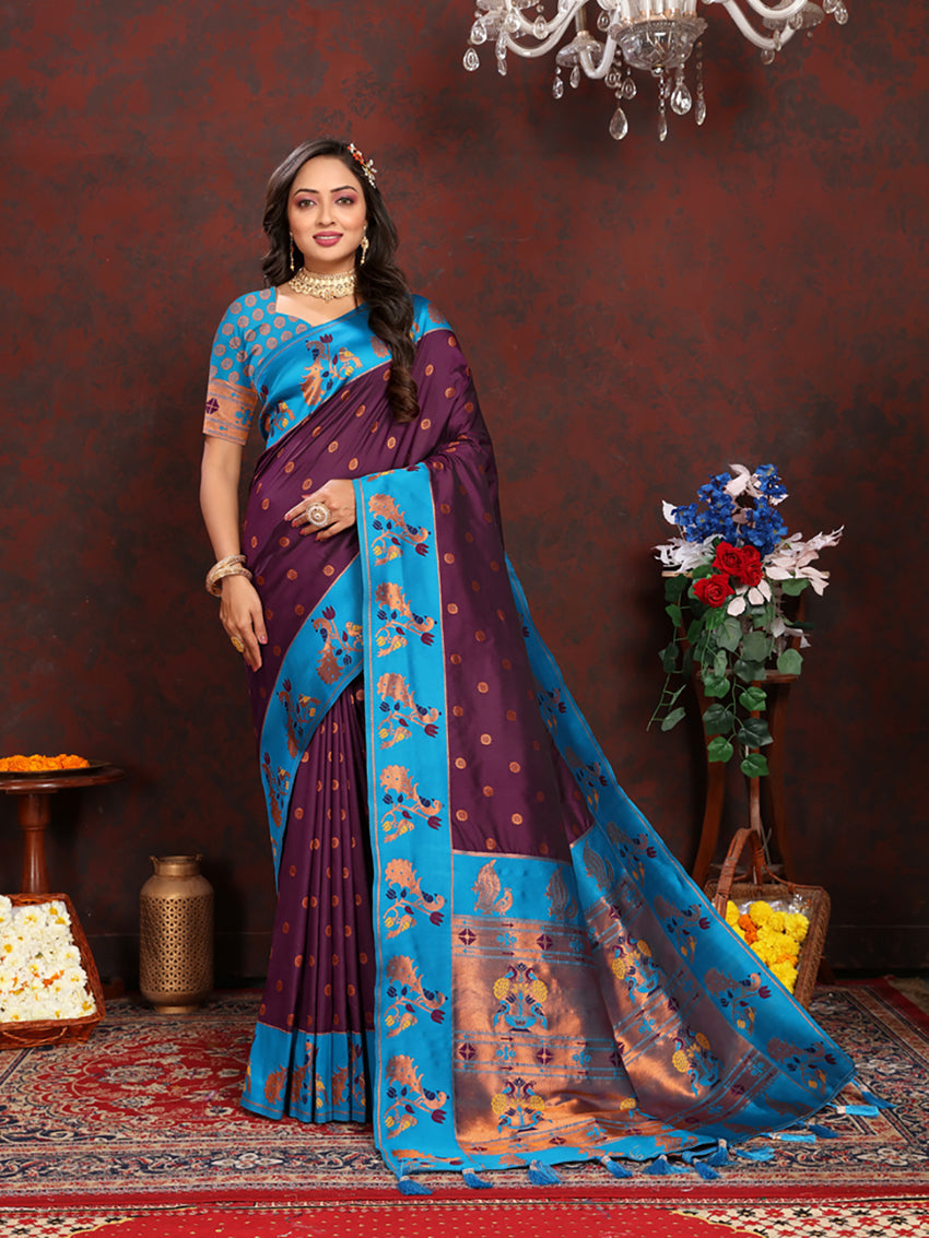 Lorenvalley Fashion Wine Soft Paithani Silk Woven Design Rich Zari Meenakari Weaving Saree - Swadesiicart