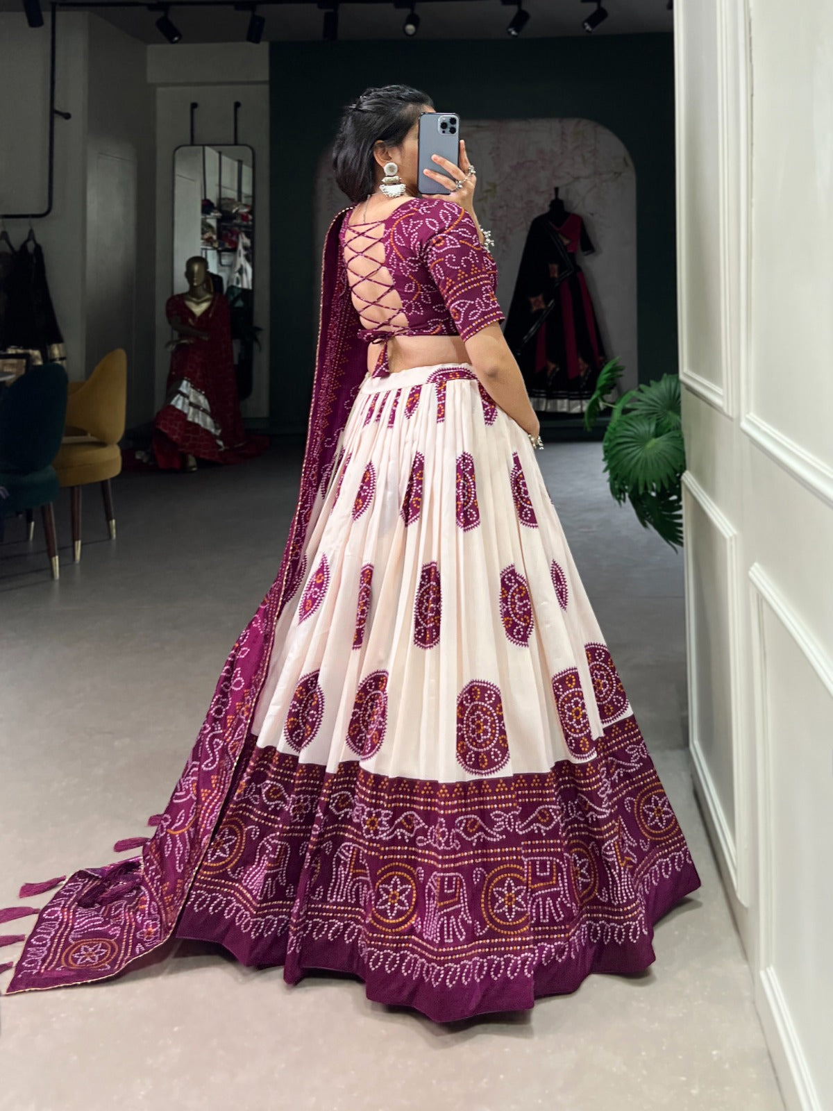 Lorenvalley Wine Tussar Silk with Bandhej Print Lehenga Choli | Swadesiicart