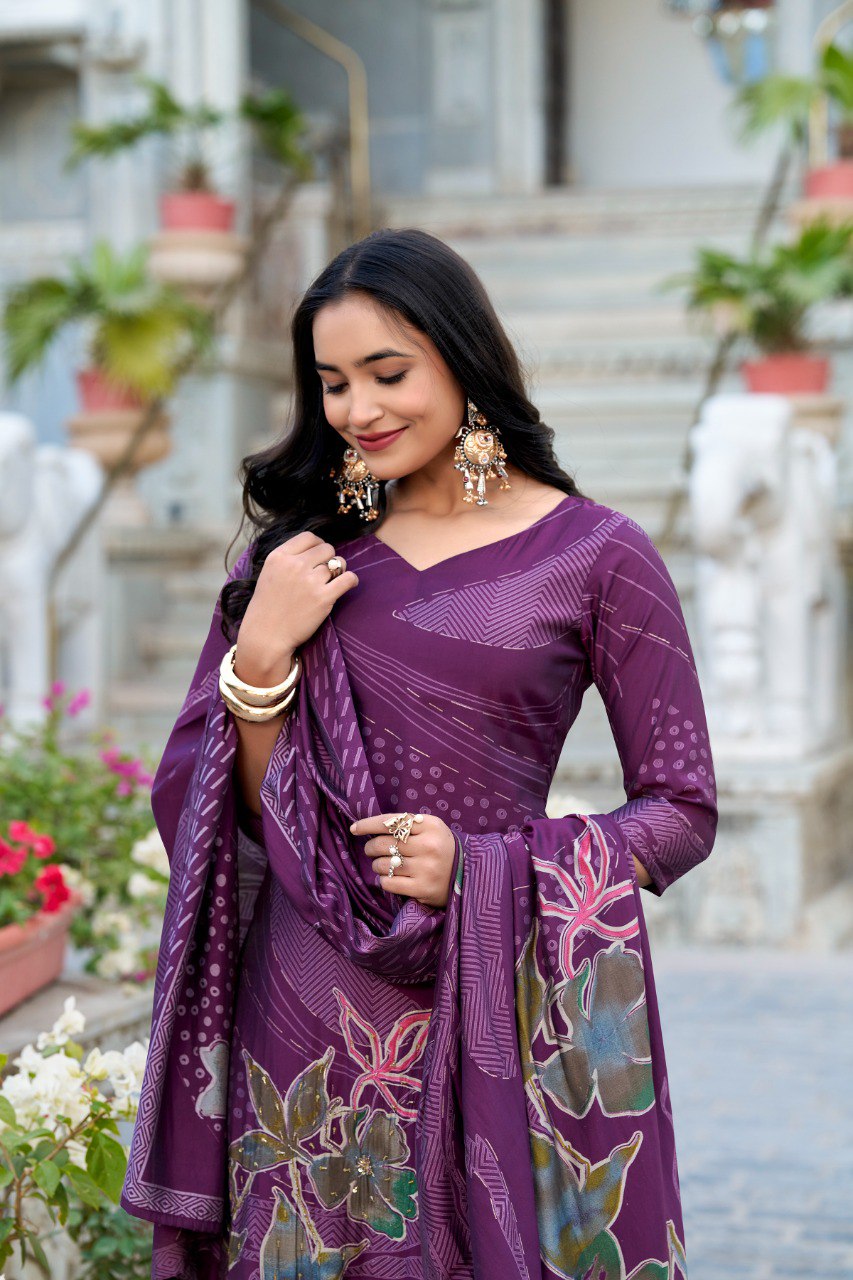 Lorenvalley Wine Roman Silk Floral Print With Beets Handwork Kurta Set | Swadesiicart