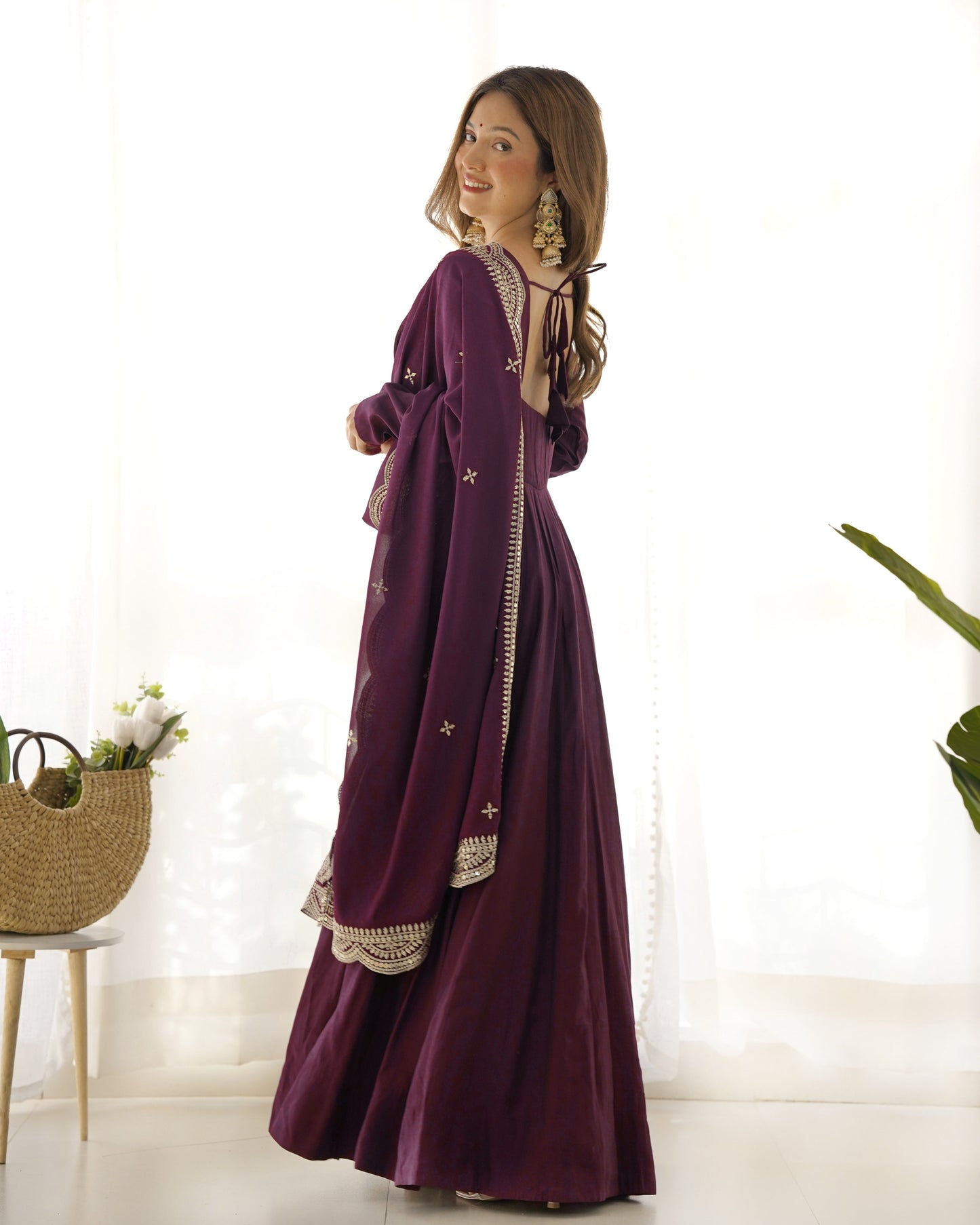 Lorenvalley Mauve Pure Roman Silk Chanderi Fabric Fully Flared Anarkali Pant With Dupatta Set - Wine | Swadesiicart