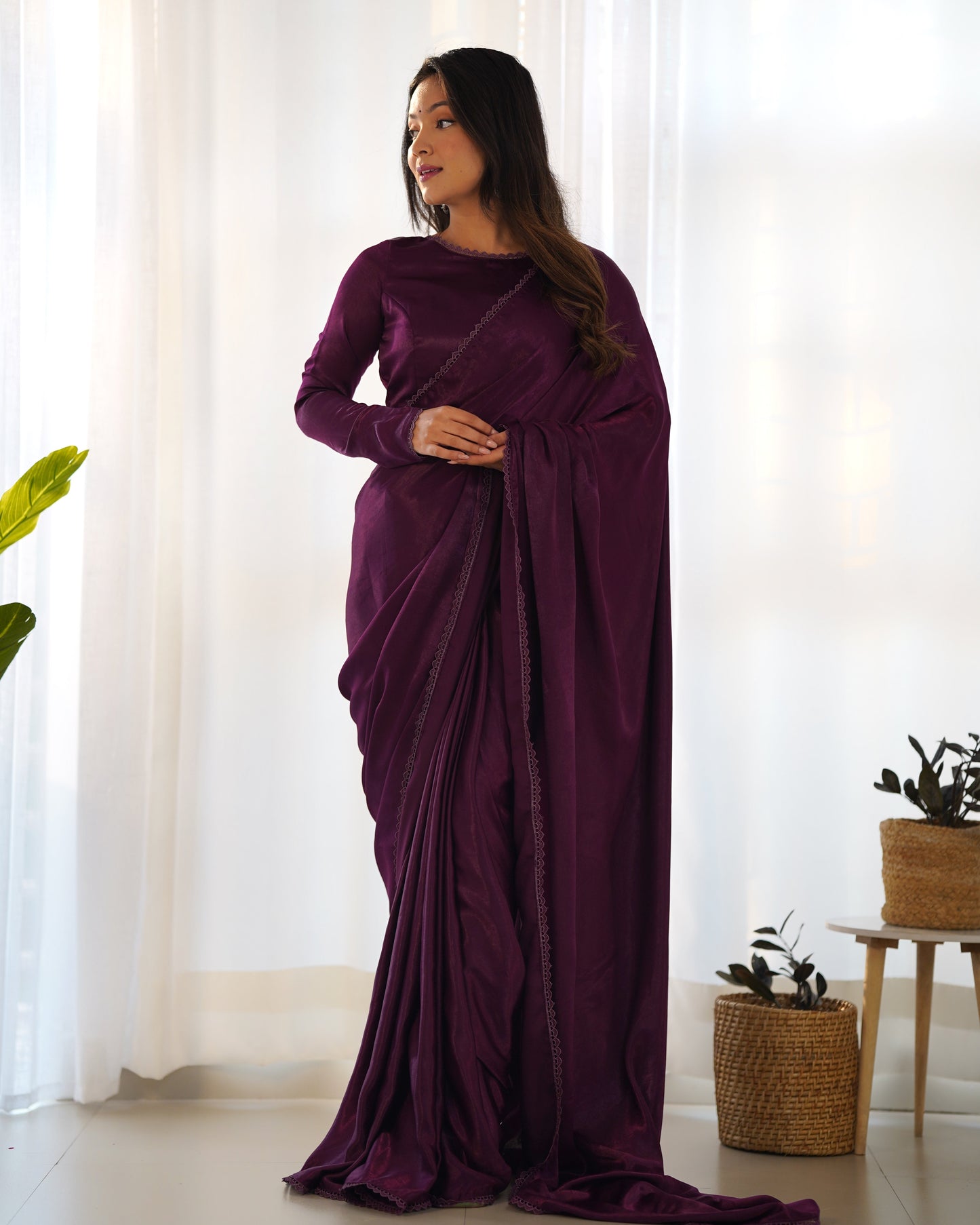 Lorenvalley Ready to wear Premium Quality Marble Velvet Fabric Fancy Boarder Lace Work Predrapped Saree - Purple | Swadesiicart