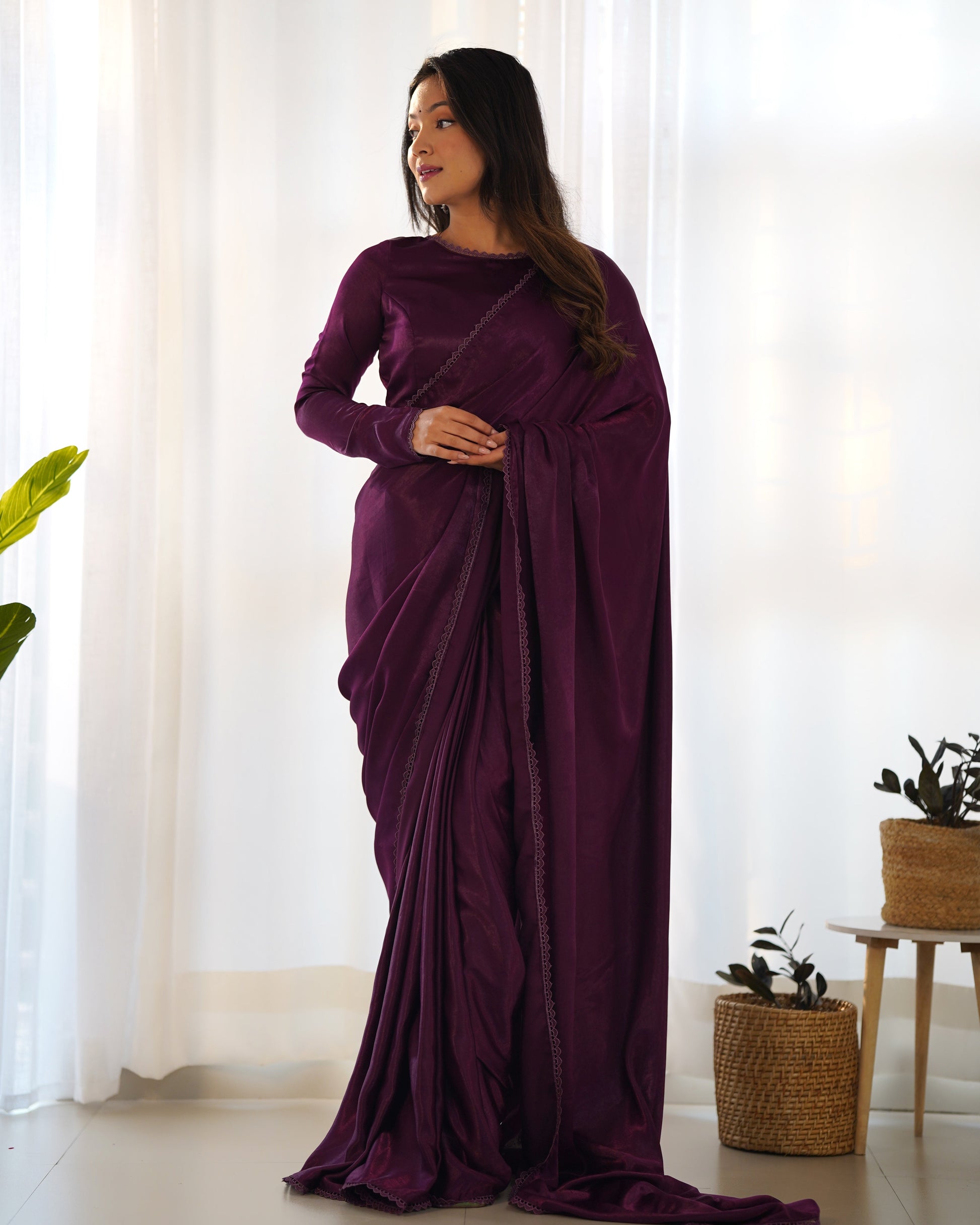 Lorenvalley Ready to wear Premium Quality Marble Velvet Fabric Fancy Boarder Lace Work Predrapped Saree - Purple | Swadesiicart