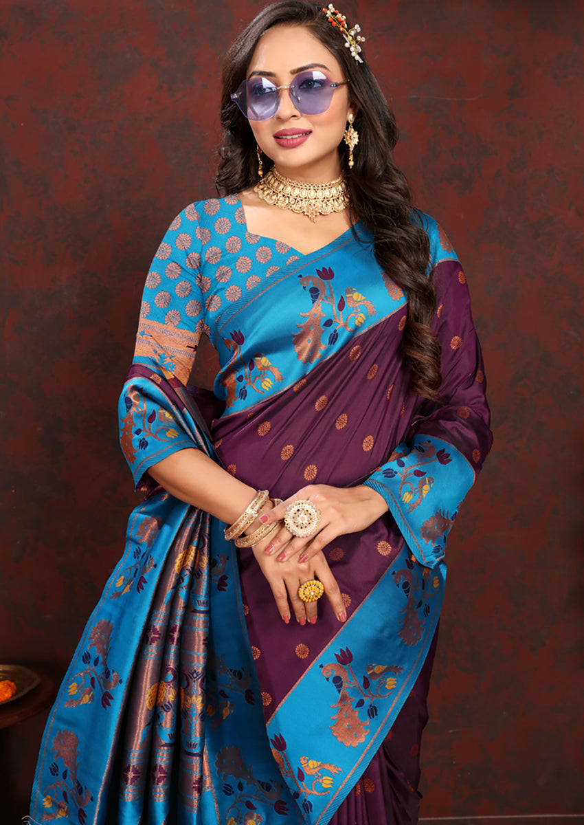 Lorenvalley Fashion Wine Soft Paithani Silk Woven Design Rich Zari Meenakari Weaving Saree - Swadesiicart