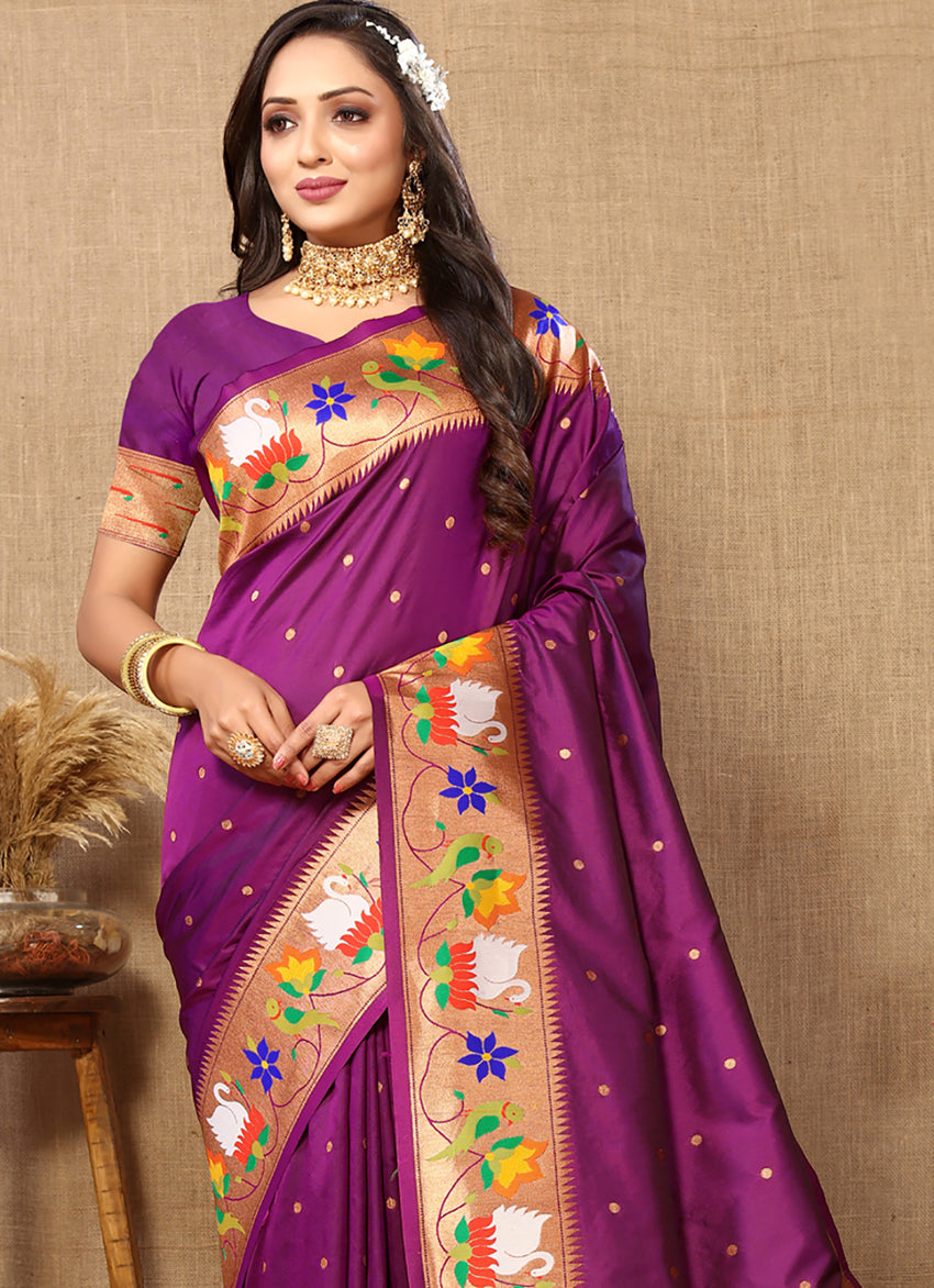 Lorenvalley Fashion Wine Soft Paithani Silk Woven Design Rich Zari Meenakari Weaving Saree - Swadesiicart