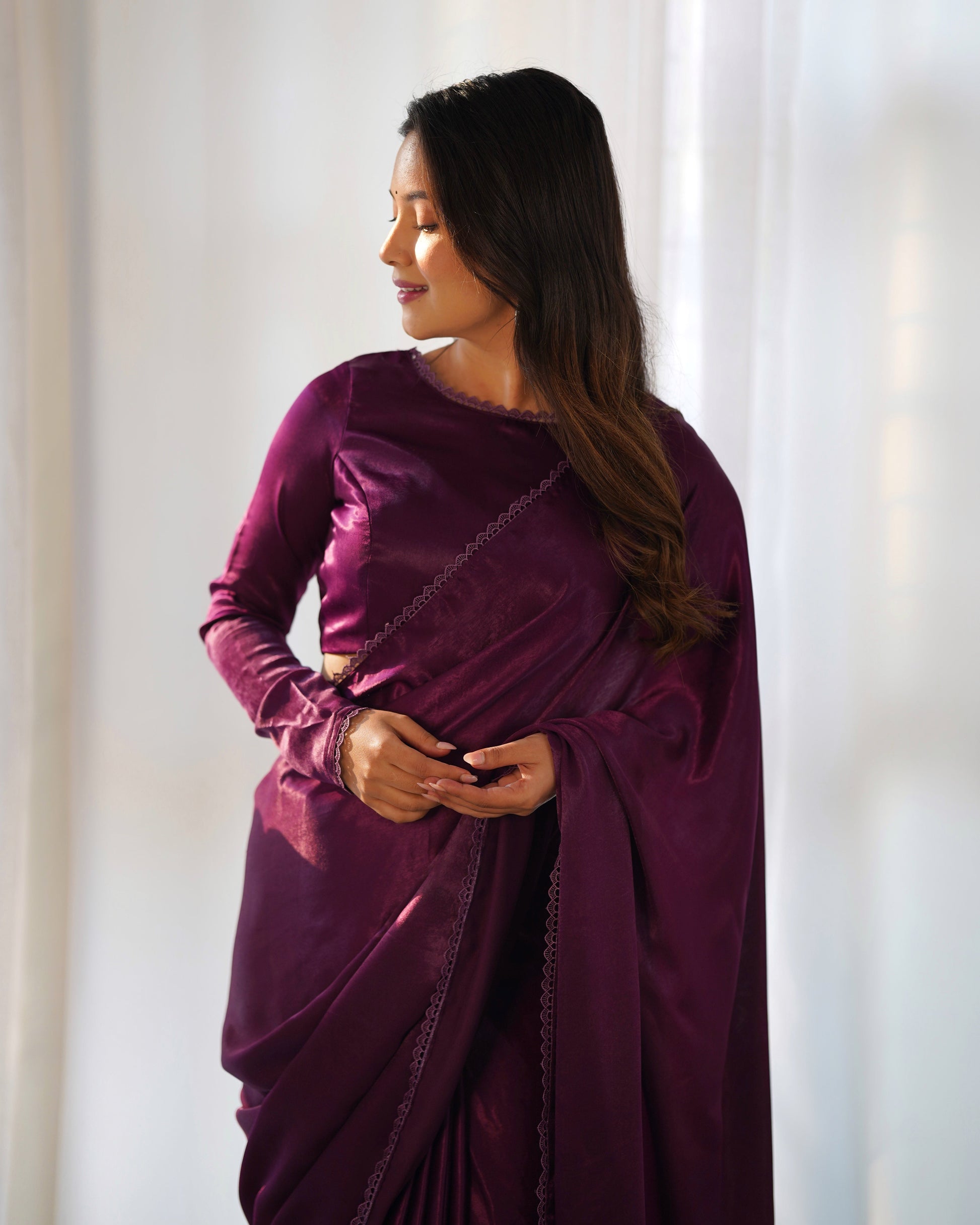 Lorenvalley Ready to wear Premium Quality Marble Velvet Fabric Fancy Boarder Lace Work Predrapped Saree - Purple | Swadesiicart