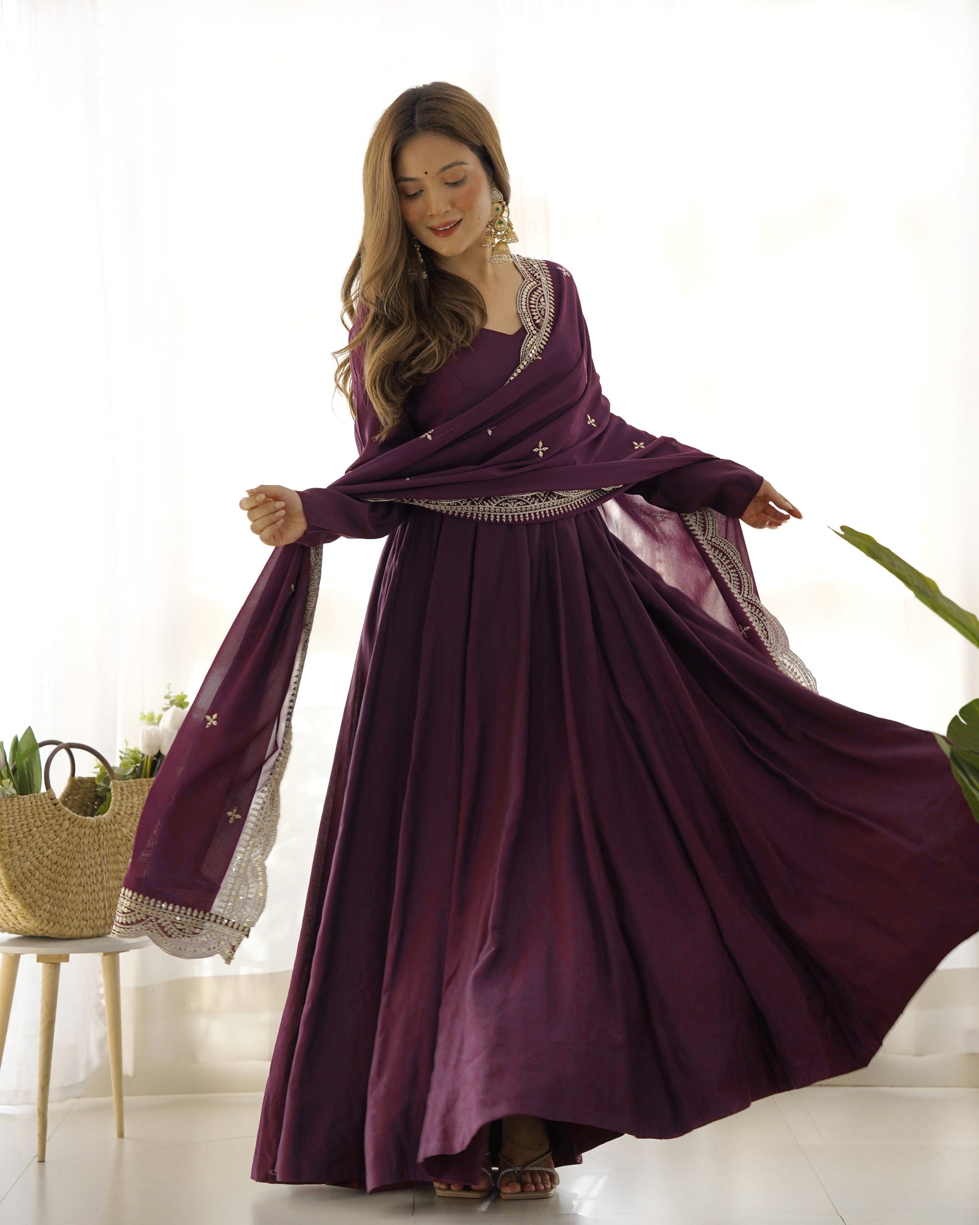 Lorenvalley Mauve Pure Roman Silk Chanderi Fabric Fully Flared Anarkali Pant With Dupatta Set - Wine | Swadesiicart