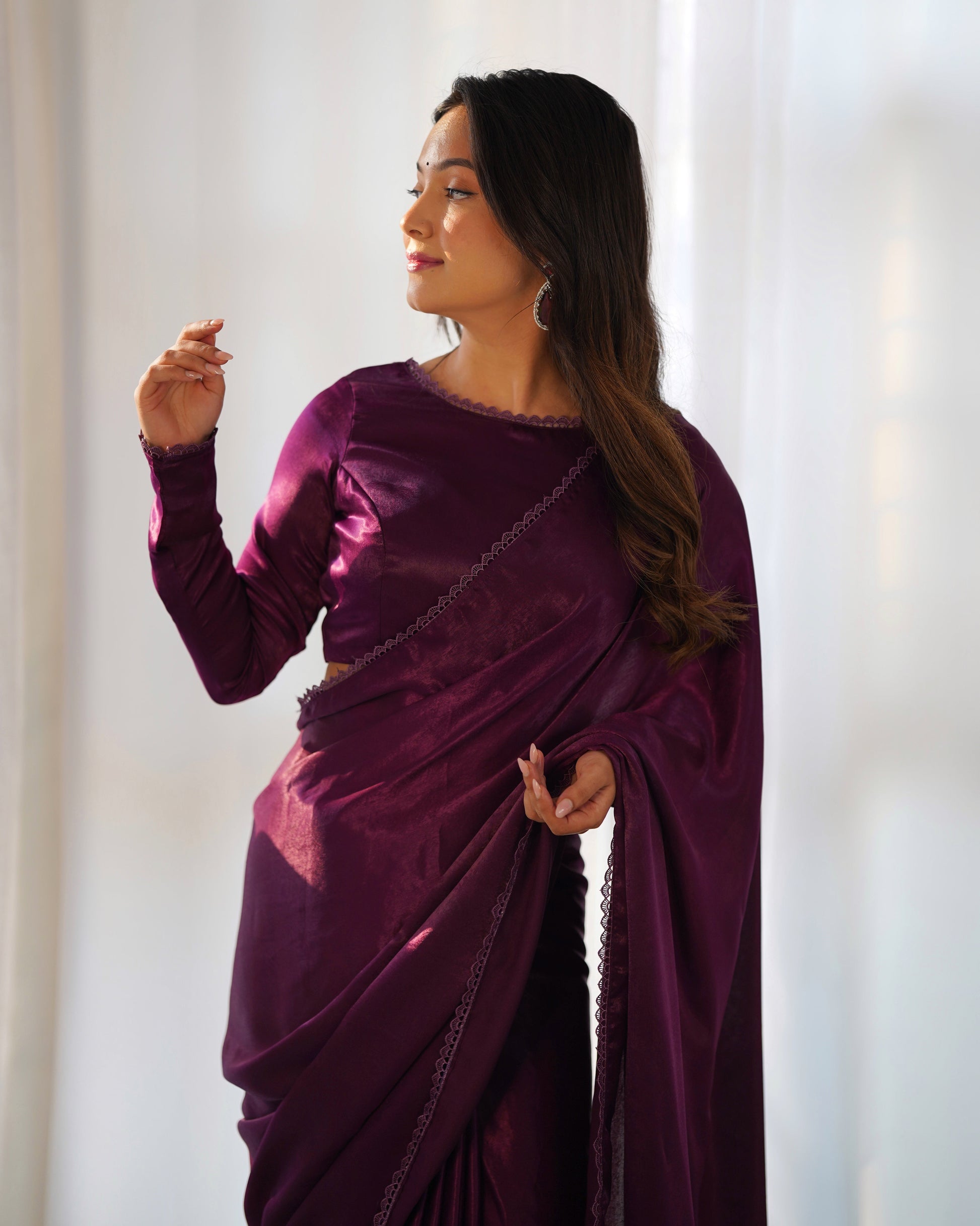 Lorenvalley Ready to wear Premium Quality Marble Velvet Fabric Fancy Boarder Lace Work Predrapped Saree - Purple | Swadesiicart