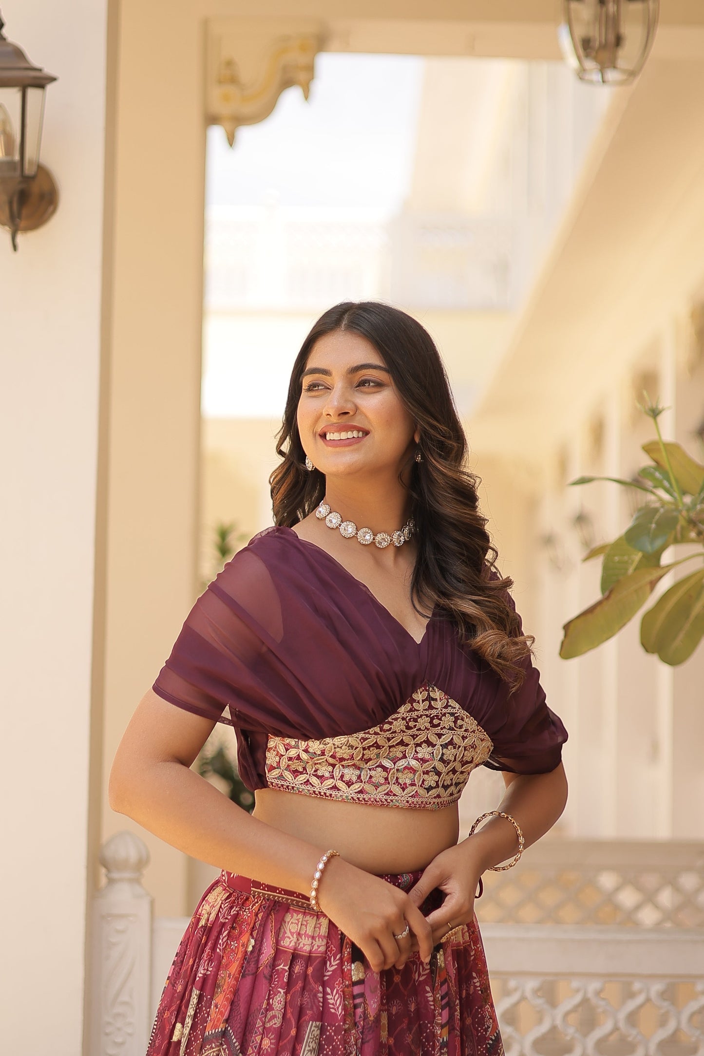 Lorenvalley Wine Russian Silk Rich Digital Printed With Foil Embroidery work Lehenga Choli | Swadesiicart