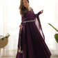 Lorenvalley Mauve Pure Roman Silk Chanderi Fabric Fully Flared Anarkali Pant With Dupatta Set - Wine | Swadesiicart