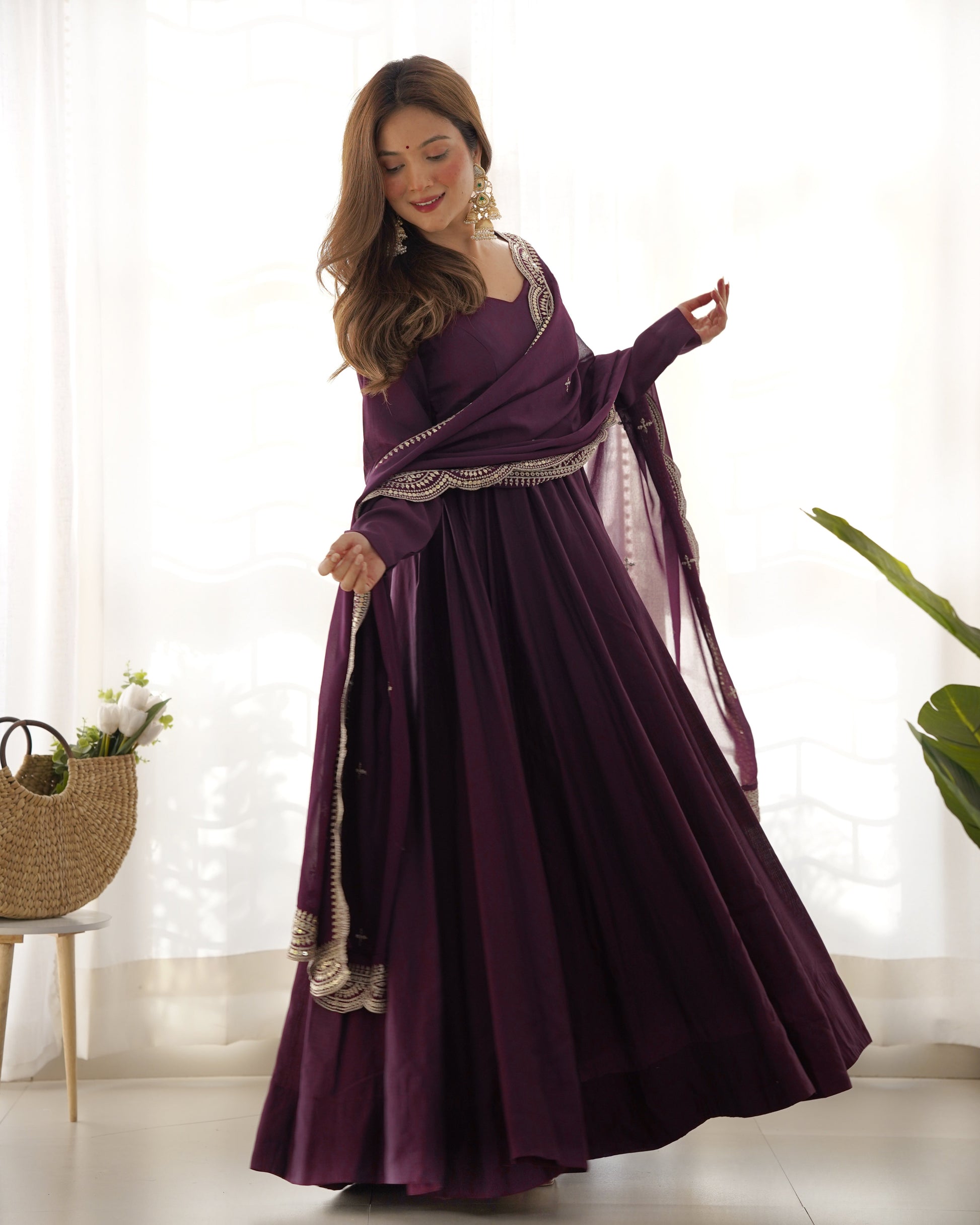 Lorenvalley Mauve Pure Roman Silk Chanderi Fabric Fully Flared Anarkali Pant With Dupatta Set - Wine | Swadesiicart