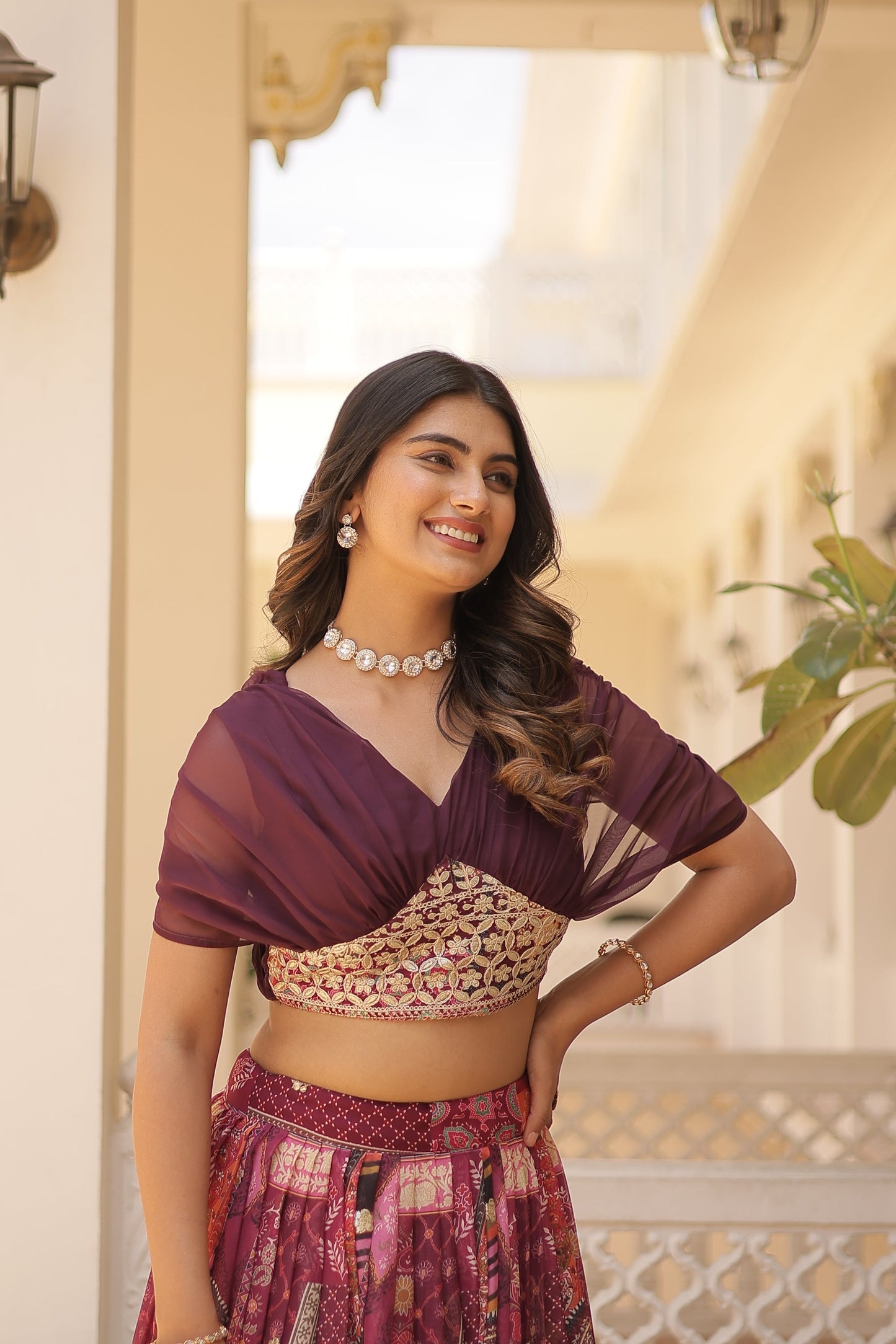 Lorenvalley Wine Russian Silk Rich Digital Printed With Foil Embroidery work Lehenga Choli | Swadesiicart