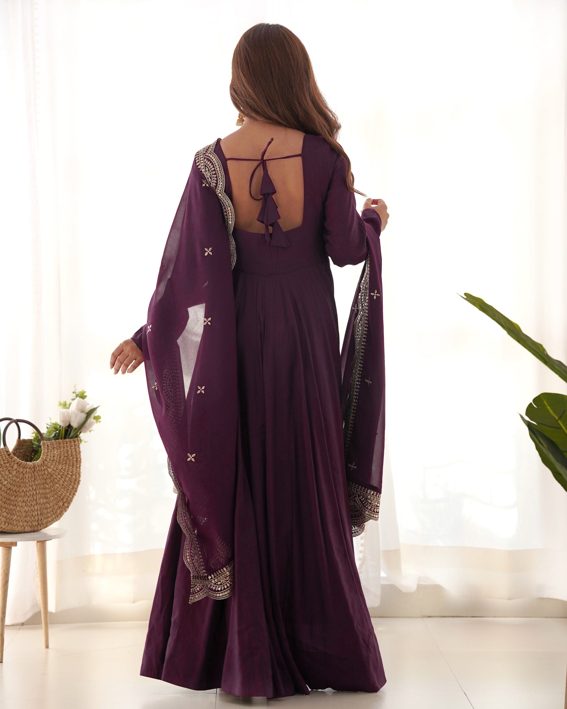 Lorenvalley Mauve Pure Roman Silk Chanderi Fabric Fully Flared Anarkali Pant With Dupatta Set - Wine | Swadesiicart