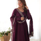 Lorenvalley Mauve Pure Roman Silk Chanderi Fabric Fully Flared Anarkali Pant With Dupatta Set - Wine | Swadesiicart