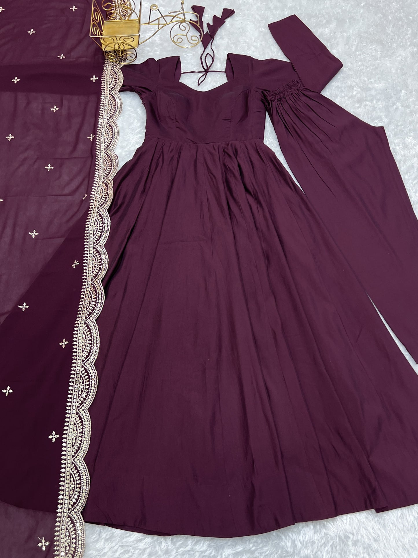 Lorenvalley Mauve Pure Roman Silk Chanderi Fabric Fully Flared Anarkali Pant With Dupatta Set - Wine | Swadesiicart